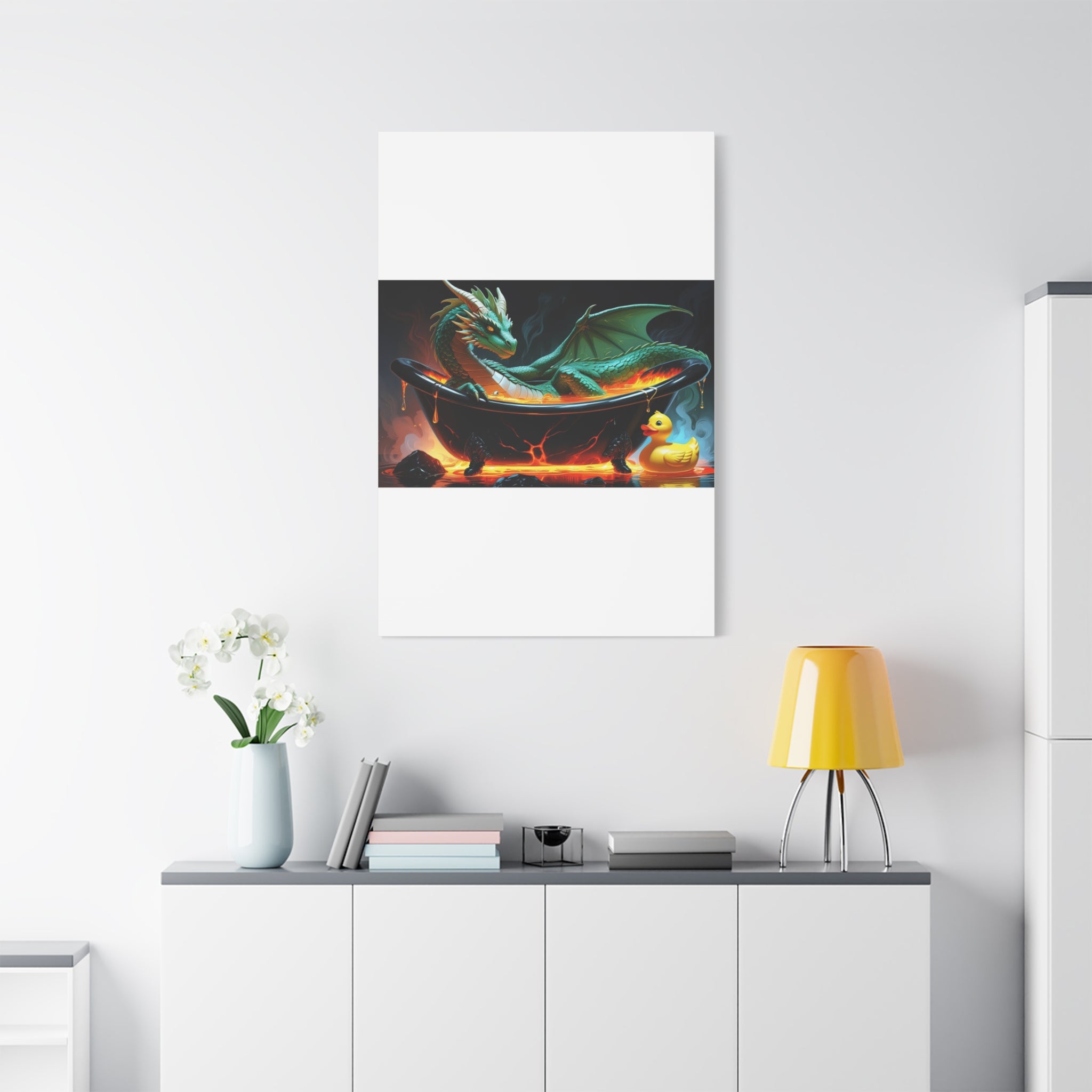 Whimsical Dragon In A Tub  Canvas Wall Art, Fantasy Decor, Kids Room Decor, Unique Gifts for Dragon Lovers, Cute Bathroom Art, Magical Home Decor