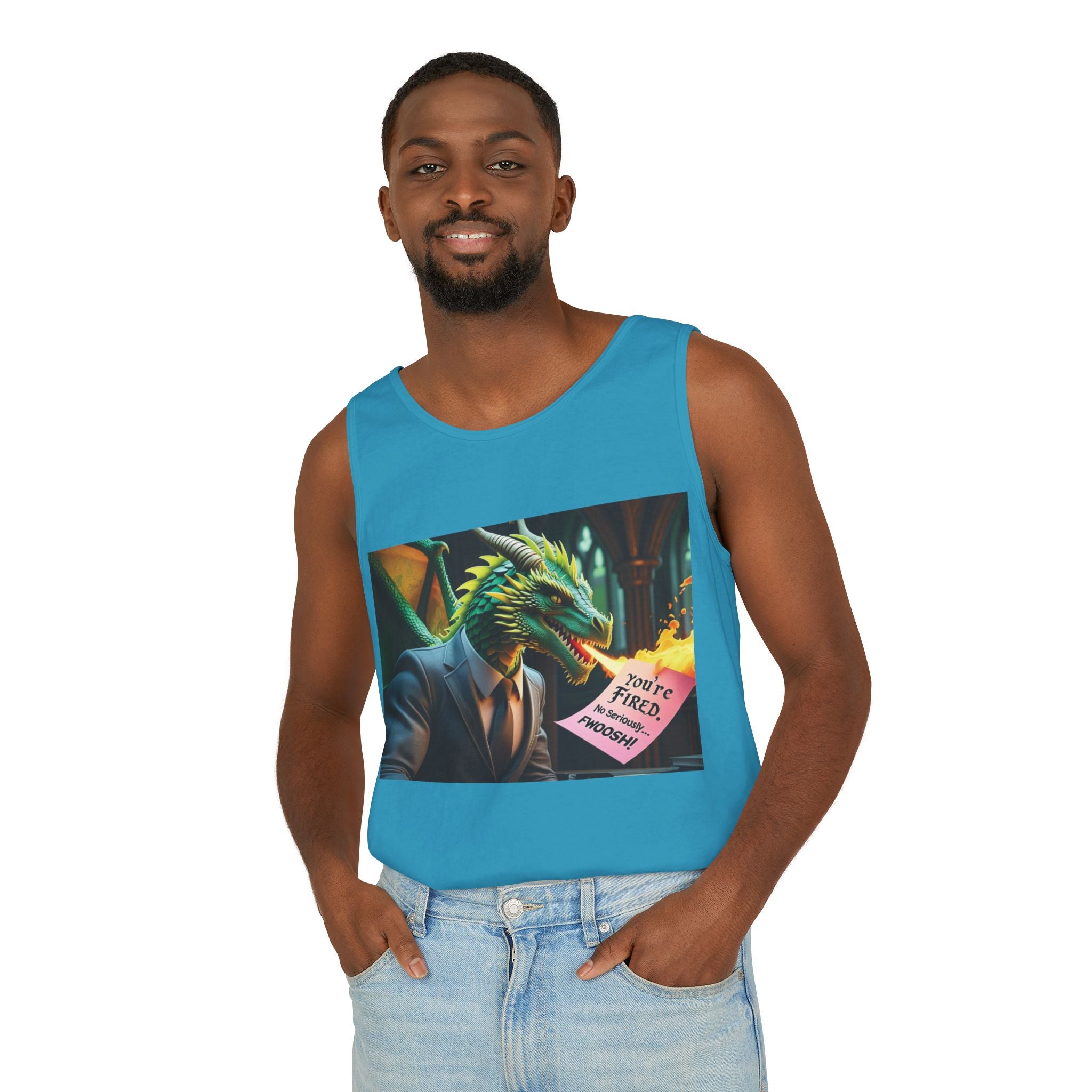 Funny "You're Fired!" Dragon Art Unisex Tank Top, Soft Fabric, Summer Essential, Perfect for Festivals, Gifts for Fantasy Lovers, Casual Wear