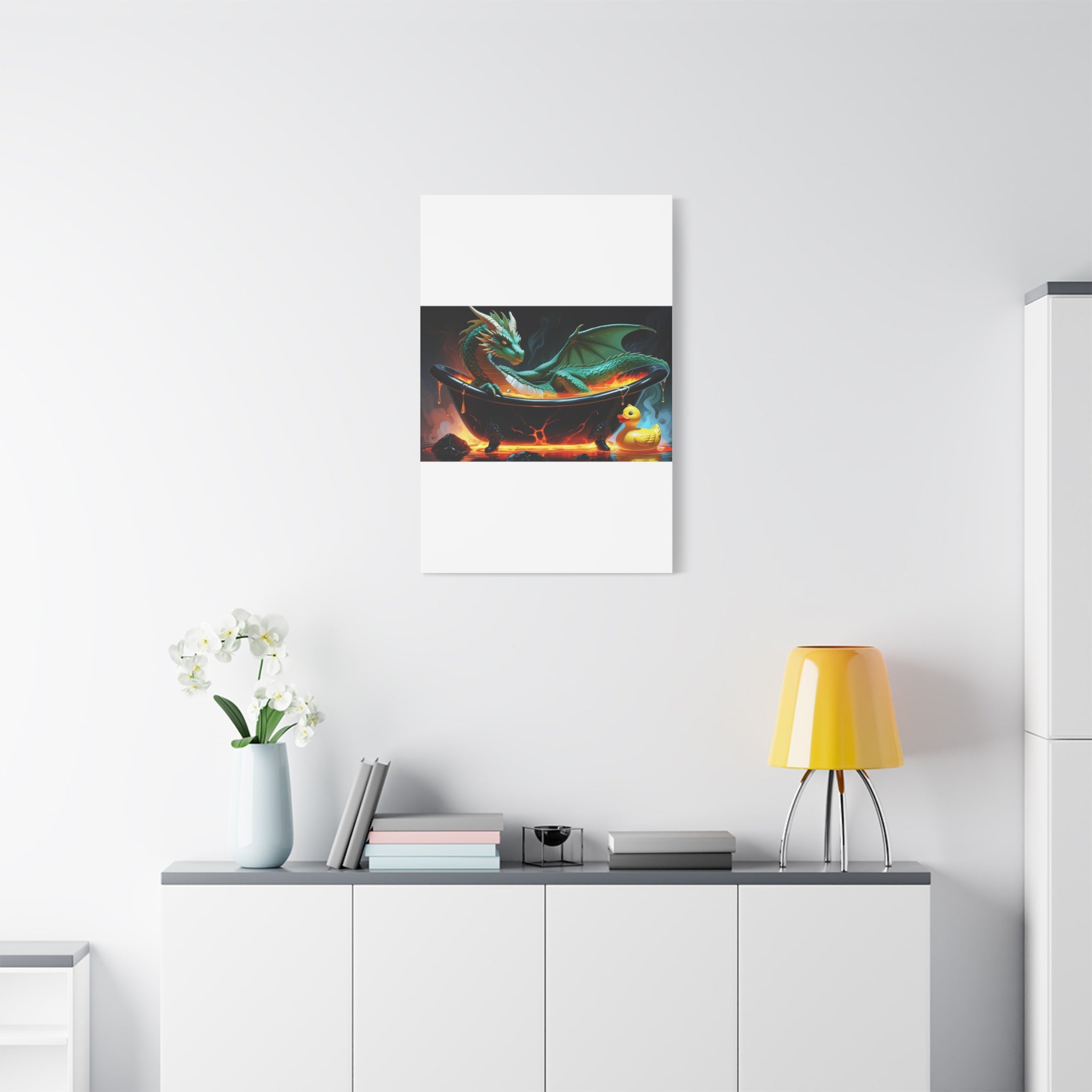 Whimsical Dragon In A Tub  Canvas Wall Art, Fantasy Decor, Kids Room Decor, Unique Gifts for Dragon Lovers, Cute Bathroom Art, Magical Home Decor