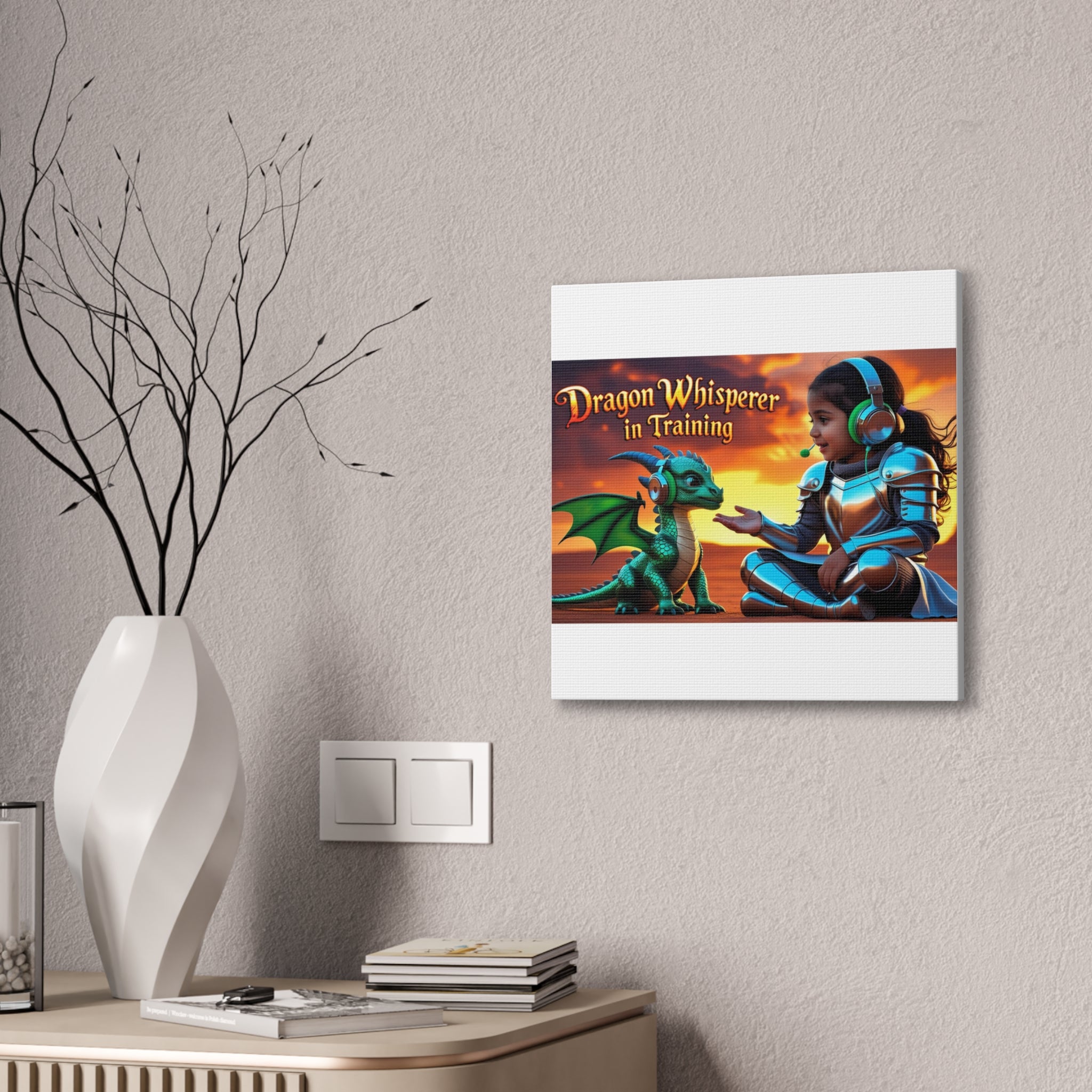 Dragon Whisperer (Girl) Canvas Print, Fantasy Wall Art, Kids Room Decor, Magical Artwork, Gift for Dragon Lovers, Adventure Theme