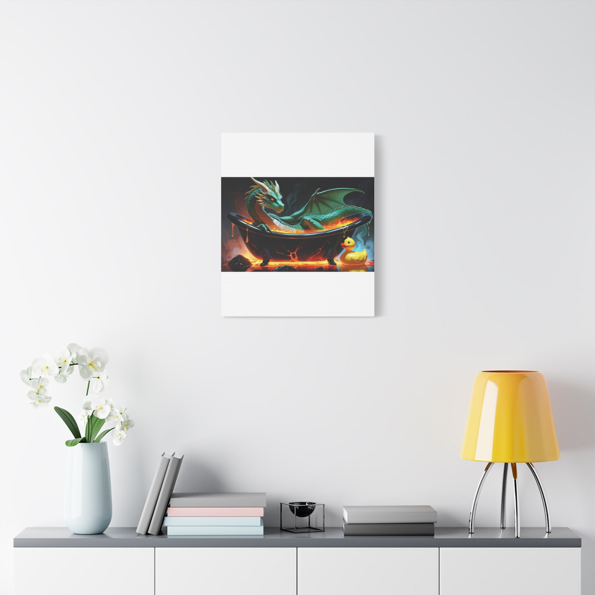 Whimsical Dragon In A Tub  Canvas Wall Art, Fantasy Decor, Kids Room Decor, Unique Gifts for Dragon Lovers, Cute Bathroom Art, Magical Home Decor