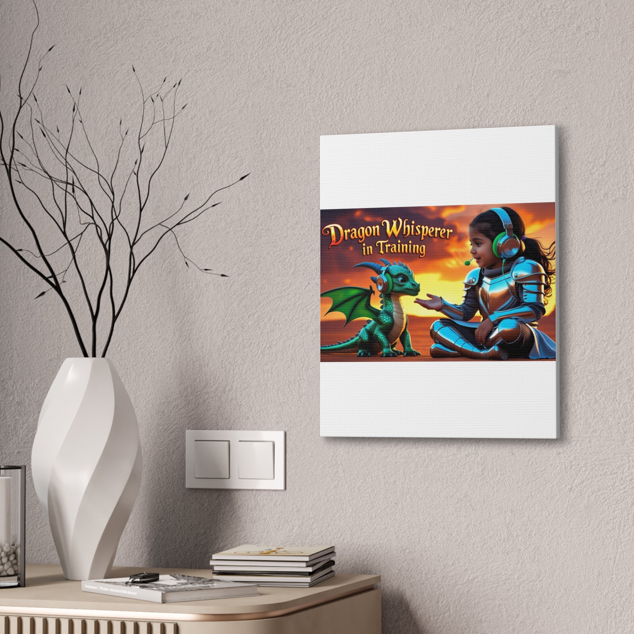 Dragon Whisperer (Girl) Canvas Print, Fantasy Wall Art, Kids Room Decor, Magical Artwork, Gift for Dragon Lovers, Adventure Theme