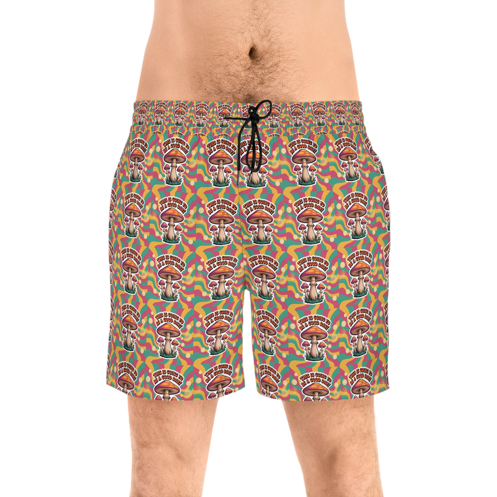 Men's Mid-Length 70's Mushroom Swim Shorts with Colorful Retro Design, Beachwear, Summer Essentials, Men's Fashion, Vacation Swim Trunks