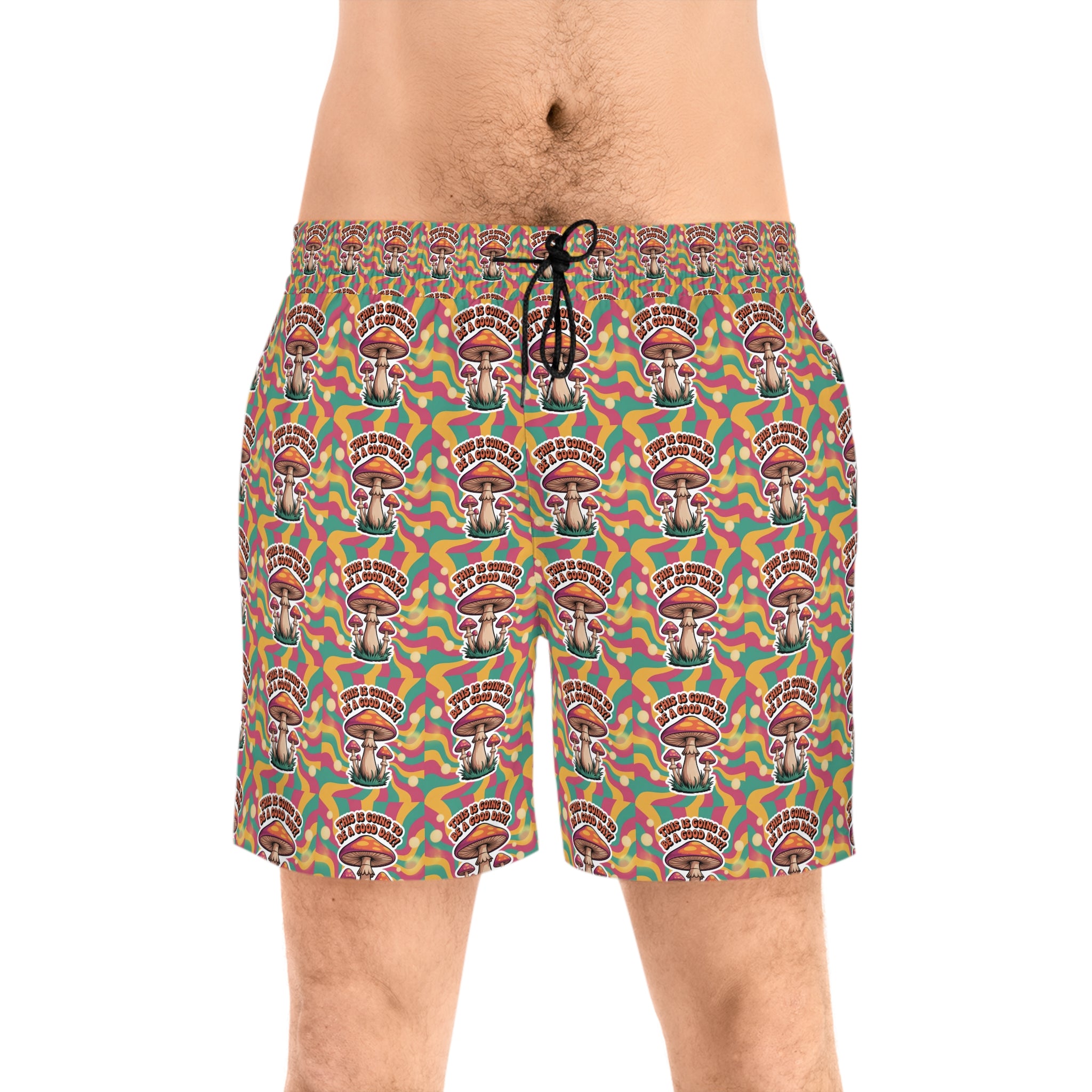 Men's Mid-Length 70's Mushroom Swim Shorts with Colorful Retro Design, Beachwear, Summer Essentials, Men's Fashion, Vacation Swim Trunks