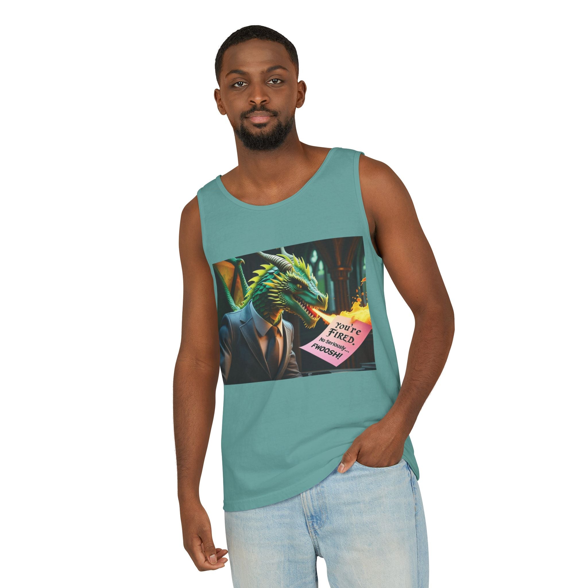 Funny "You're Fired!" Dragon Art Unisex Tank Top, Soft Fabric, Summer Essential, Perfect for Festivals, Gifts for Fantasy Lovers, Casual Wear