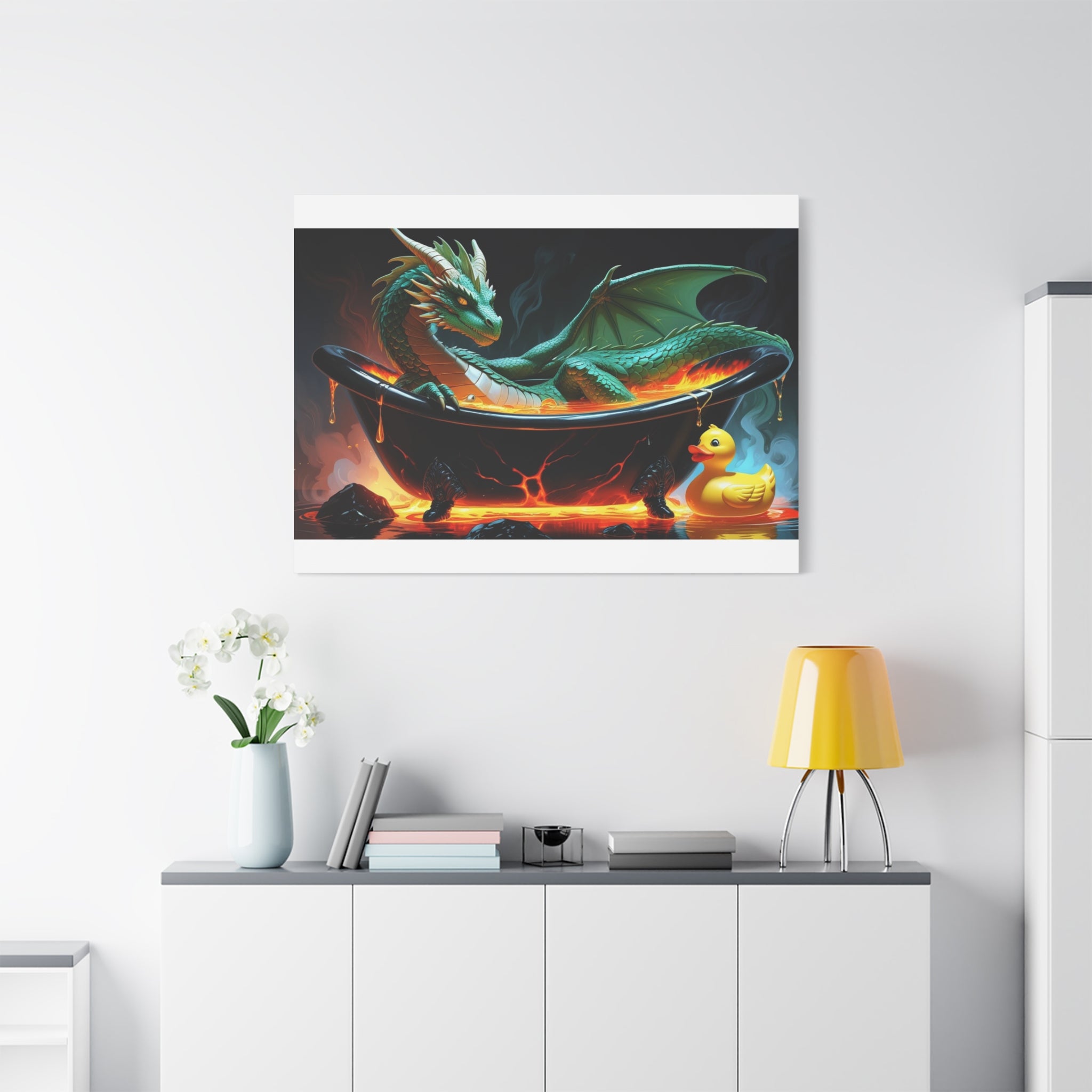 Whimsical Dragon In A Tub  Canvas Wall Art, Fantasy Decor, Kids Room Decor, Unique Gifts for Dragon Lovers, Cute Bathroom Art, Magical Home Decor