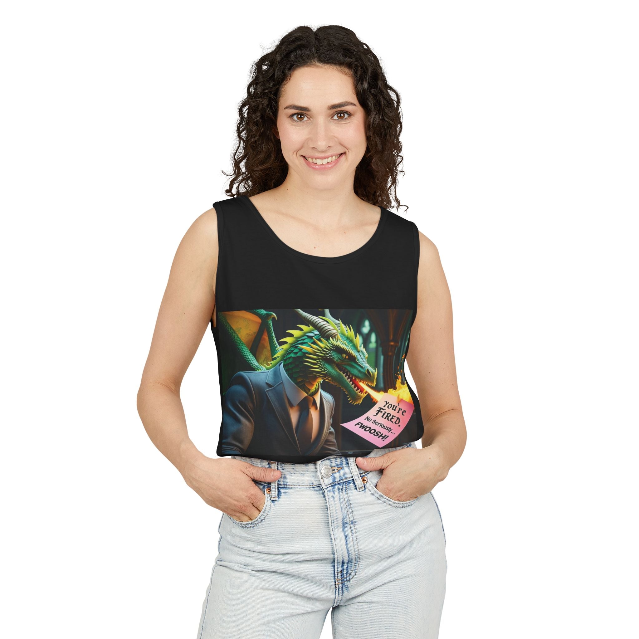Funny "You're Fired!" Dragon Art Unisex Tank Top, Soft Fabric, Summer Essential, Perfect for Festivals, Gifts for Fantasy Lovers, Casual Wear