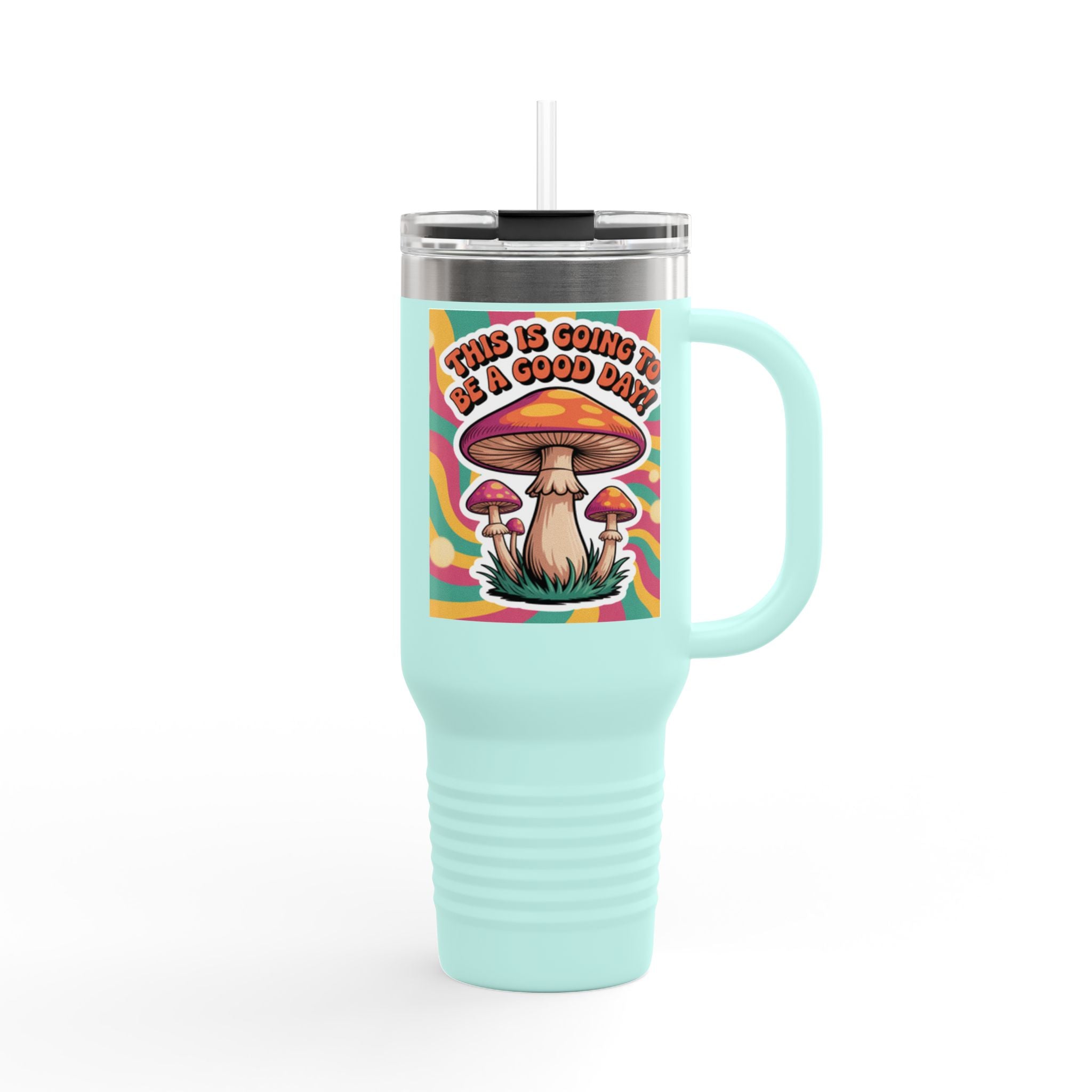 Colorful Happy Mushroom Insulated Travel Mug - Perfect for Adventures, Gifts, Summer Vibes, Camping, Road Trips, Daily Motivation