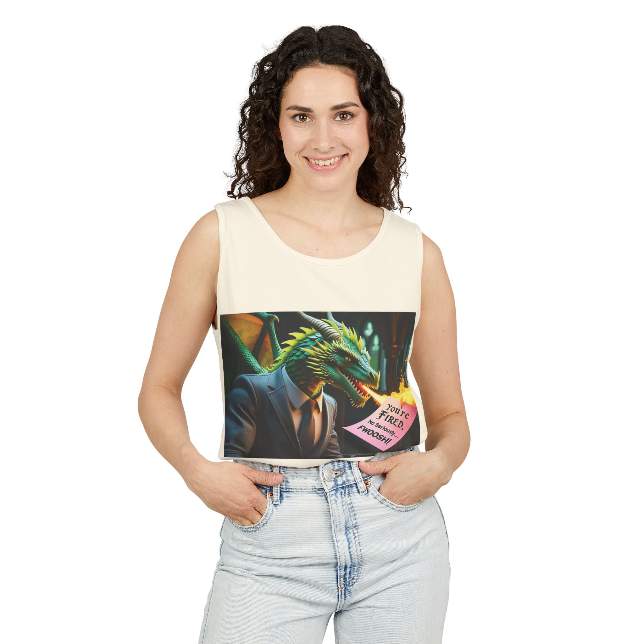Funny "You're Fired!" Dragon Art Unisex Tank Top, Soft Fabric, Summer Essential, Perfect for Festivals, Gifts for Fantasy Lovers, Casual Wear