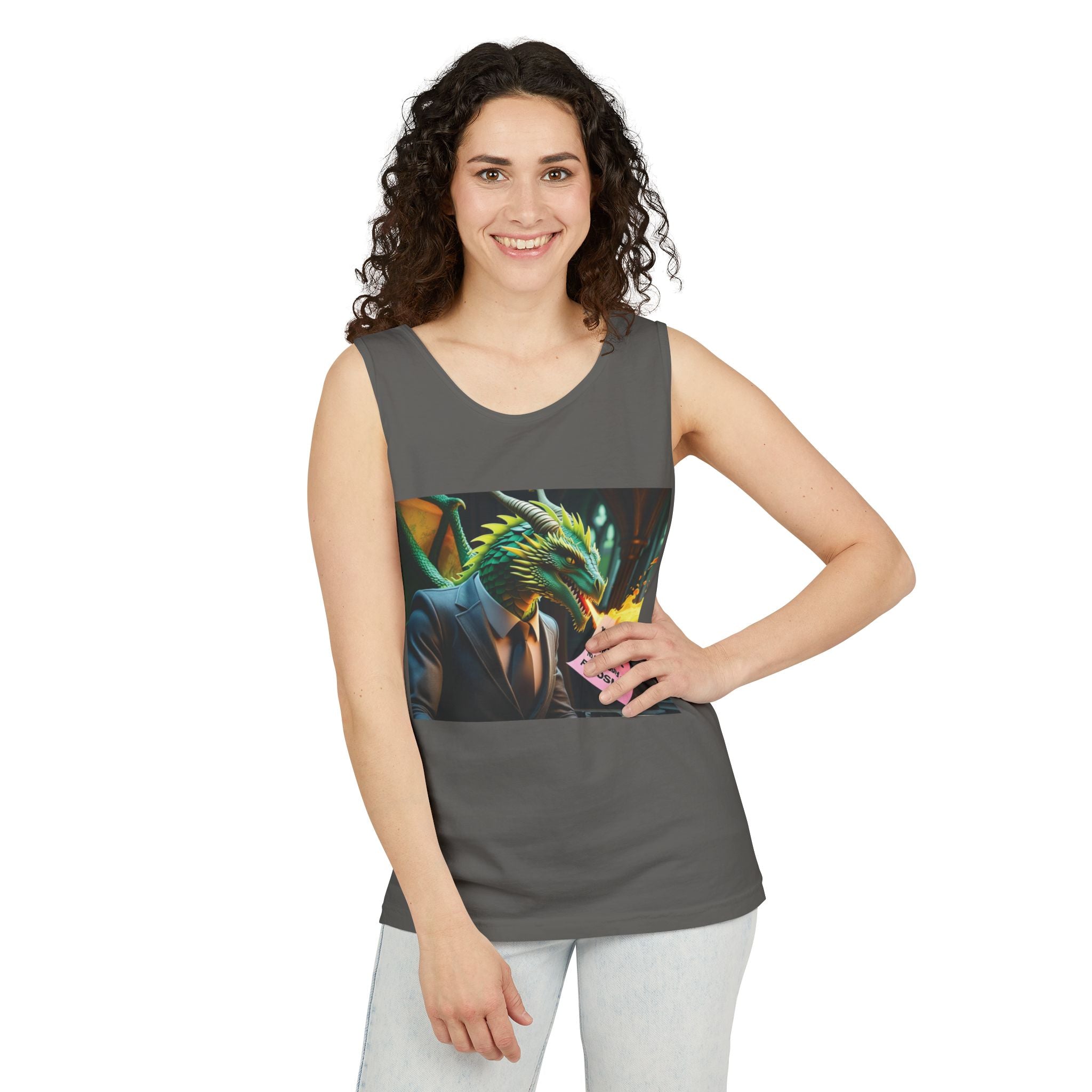 Funny "You're Fired!" Dragon Art Unisex Tank Top, Soft Fabric, Summer Essential, Perfect for Festivals, Gifts for Fantasy Lovers, Casual Wear