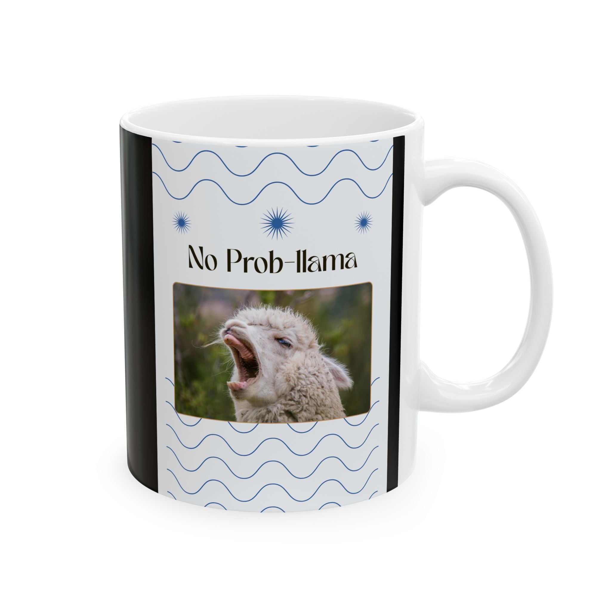 No Prob-llama Funny Llama Coffee Mug – Cute Animal Pun Gift for Adults, Black Ceramic Cup, Cartoon Llama in Pajamas