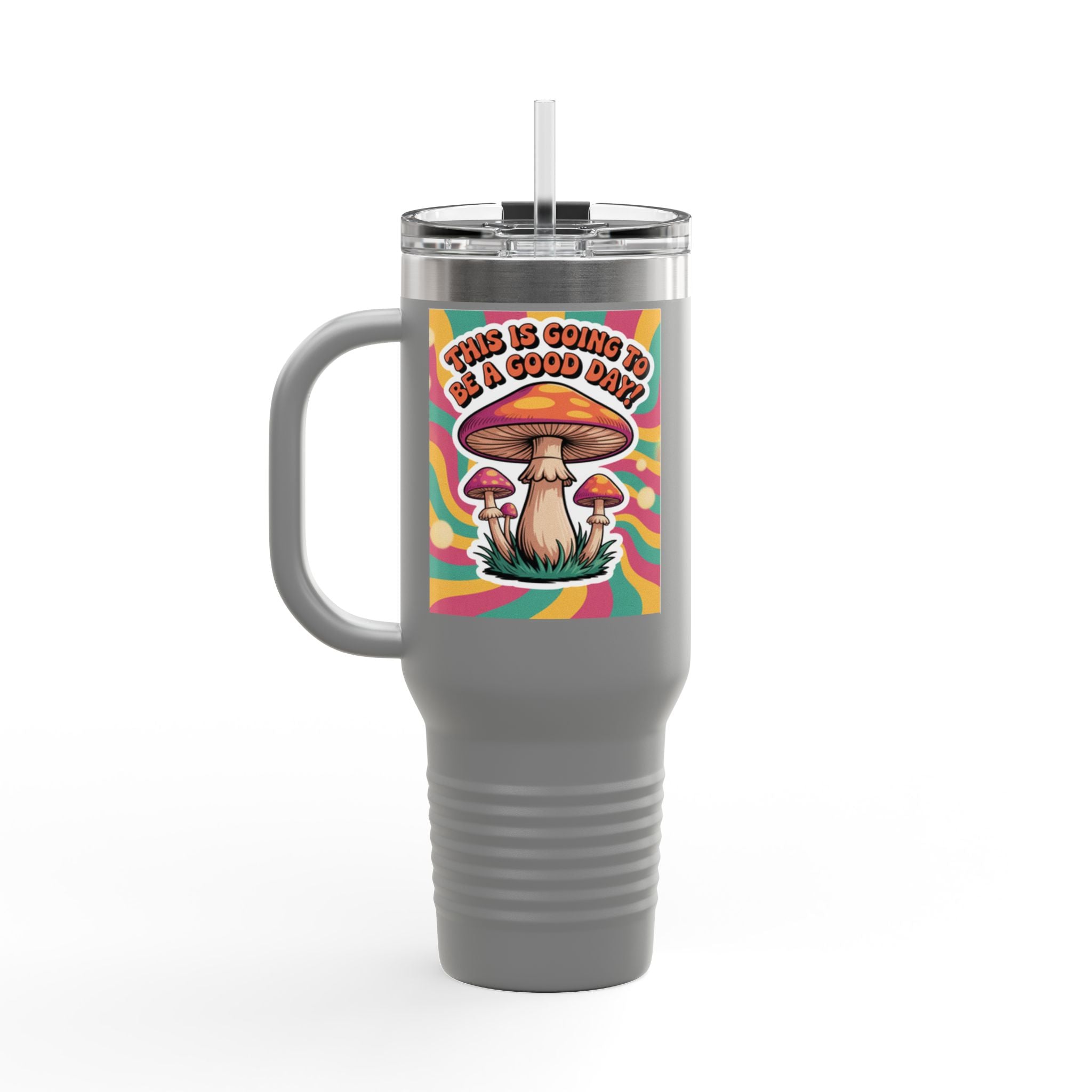 Colorful Happy Mushroom Insulated Travel Mug - Perfect for Adventures, Gifts, Summer Vibes, Camping, Road Trips, Daily Motivation