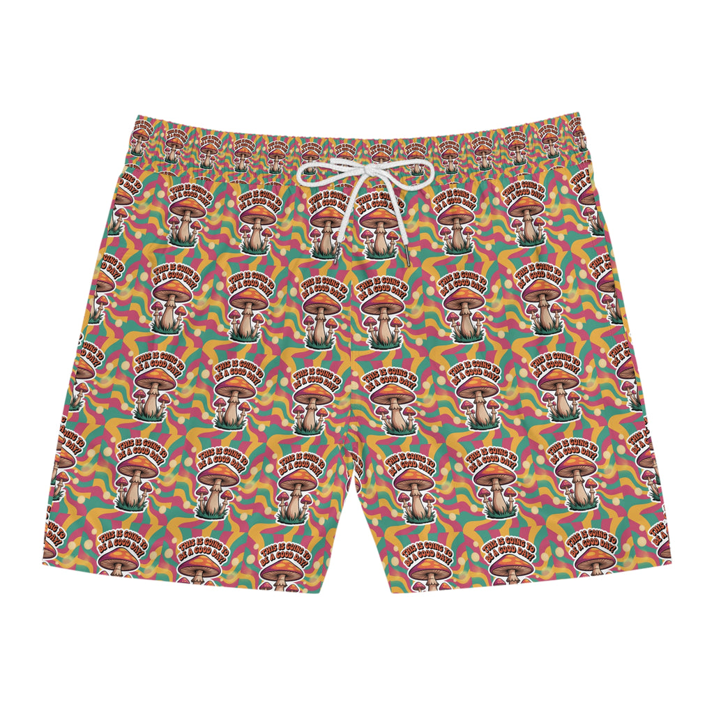 Men's Mid-Length 70's Mushroom Swim Shorts with Colorful Retro Design, Beachwear, Summer Essentials, Men's Fashion, Vacation Swim Trunks