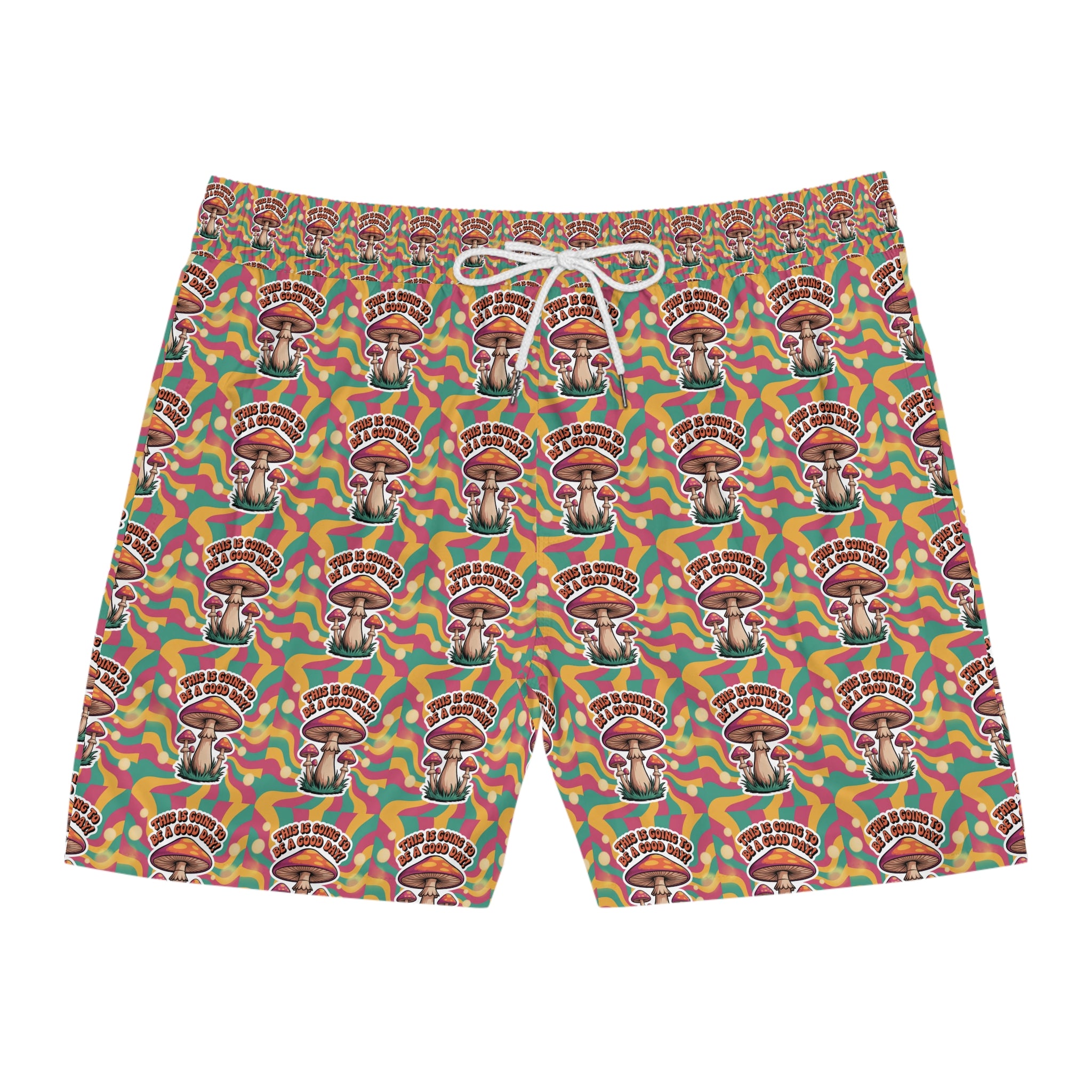 Men's Mid-Length 70's Mushroom Swim Shorts with Colorful Retro Design, Beachwear, Summer Essentials, Men's Fashion, Vacation Swim Trunks