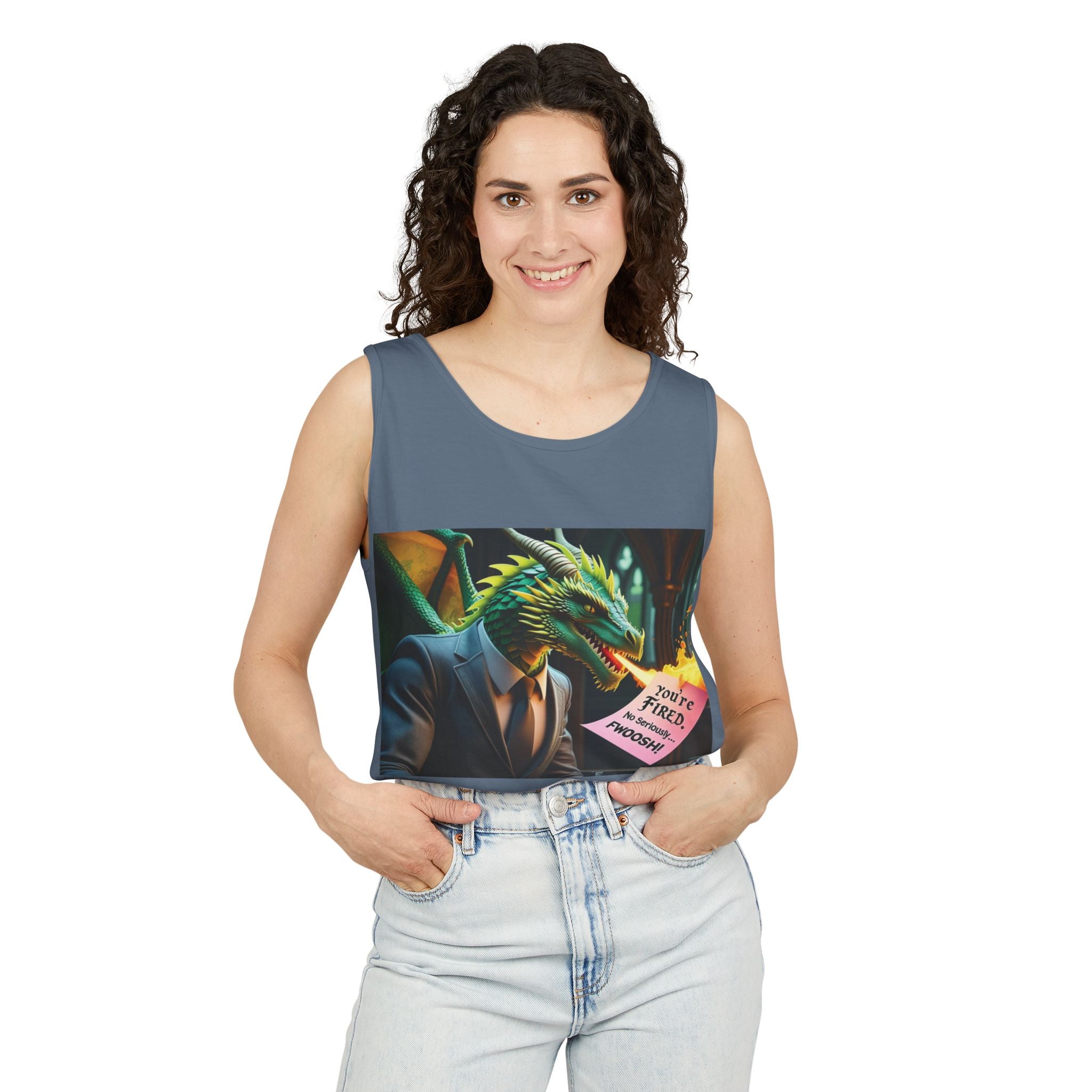 Funny "You're Fired!" Dragon Art Unisex Tank Top, Soft Fabric, Summer Essential, Perfect for Festivals, Gifts for Fantasy Lovers, Casual Wear