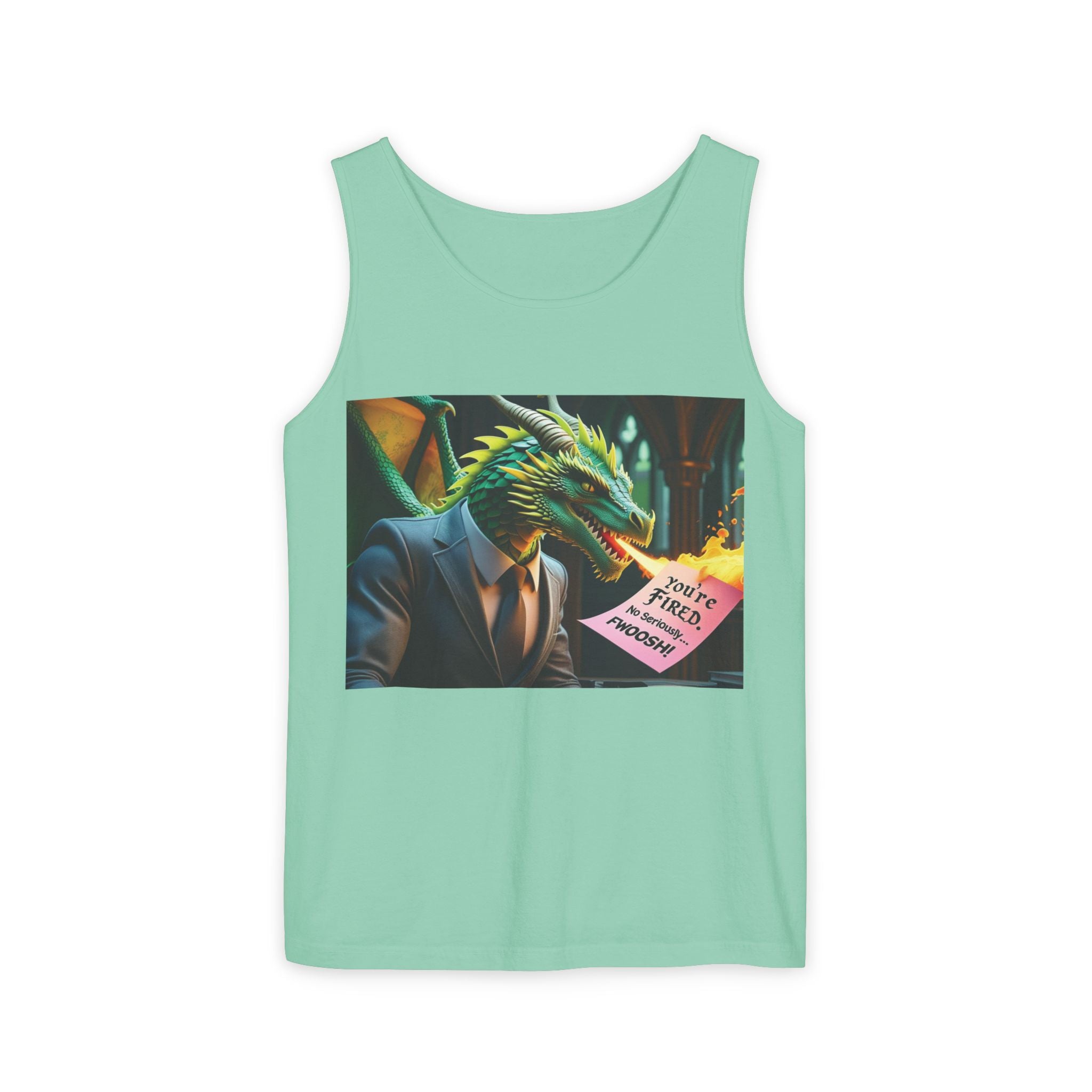 Funny "You're Fired!" Dragon Art Unisex Tank Top, Soft Fabric, Summer Essential, Perfect for Festivals, Gifts for Fantasy Lovers, Casual Wear