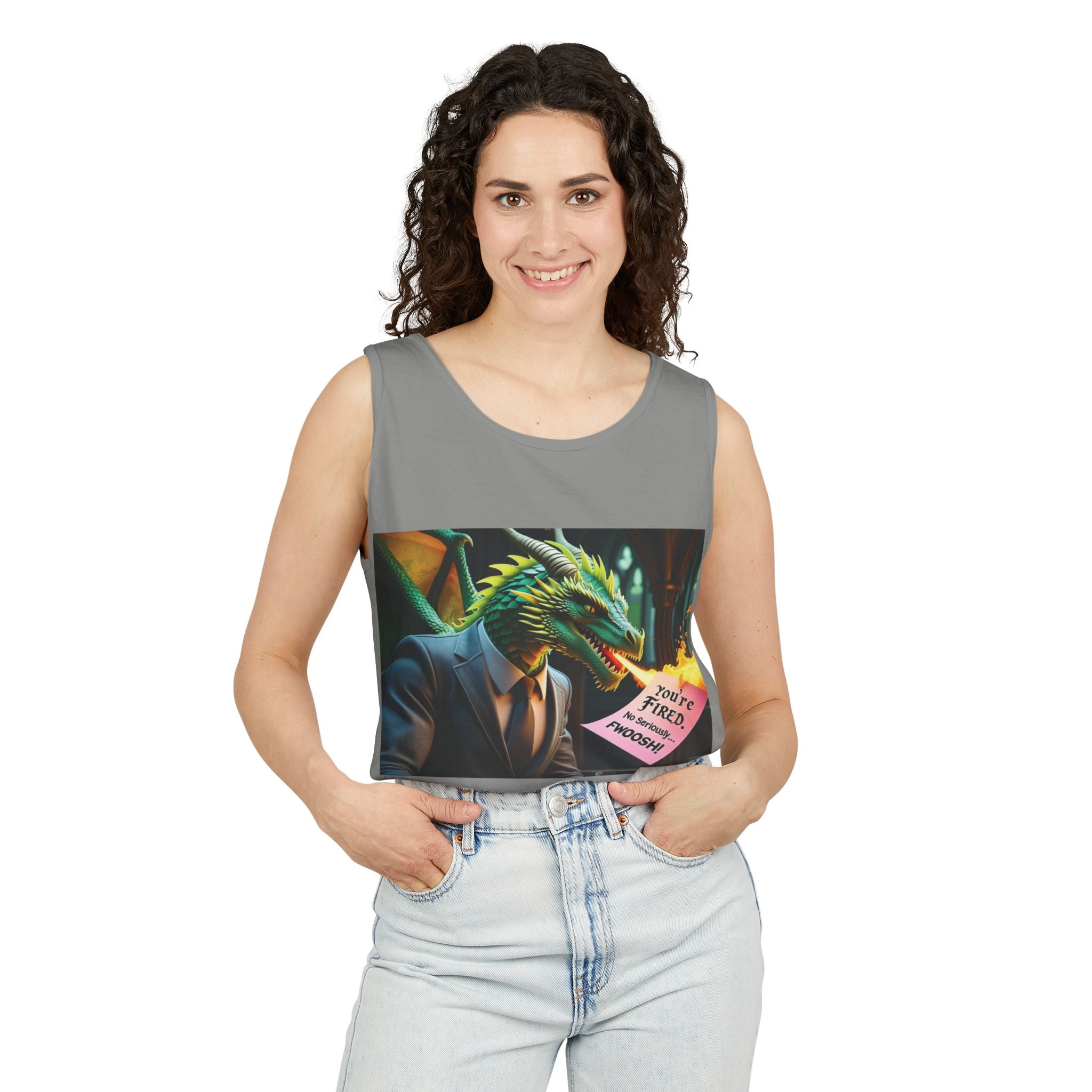 Funny "You're Fired!" Dragon Art Unisex Tank Top, Soft Fabric, Summer Essential, Perfect for Festivals, Gifts for Fantasy Lovers, Casual Wear