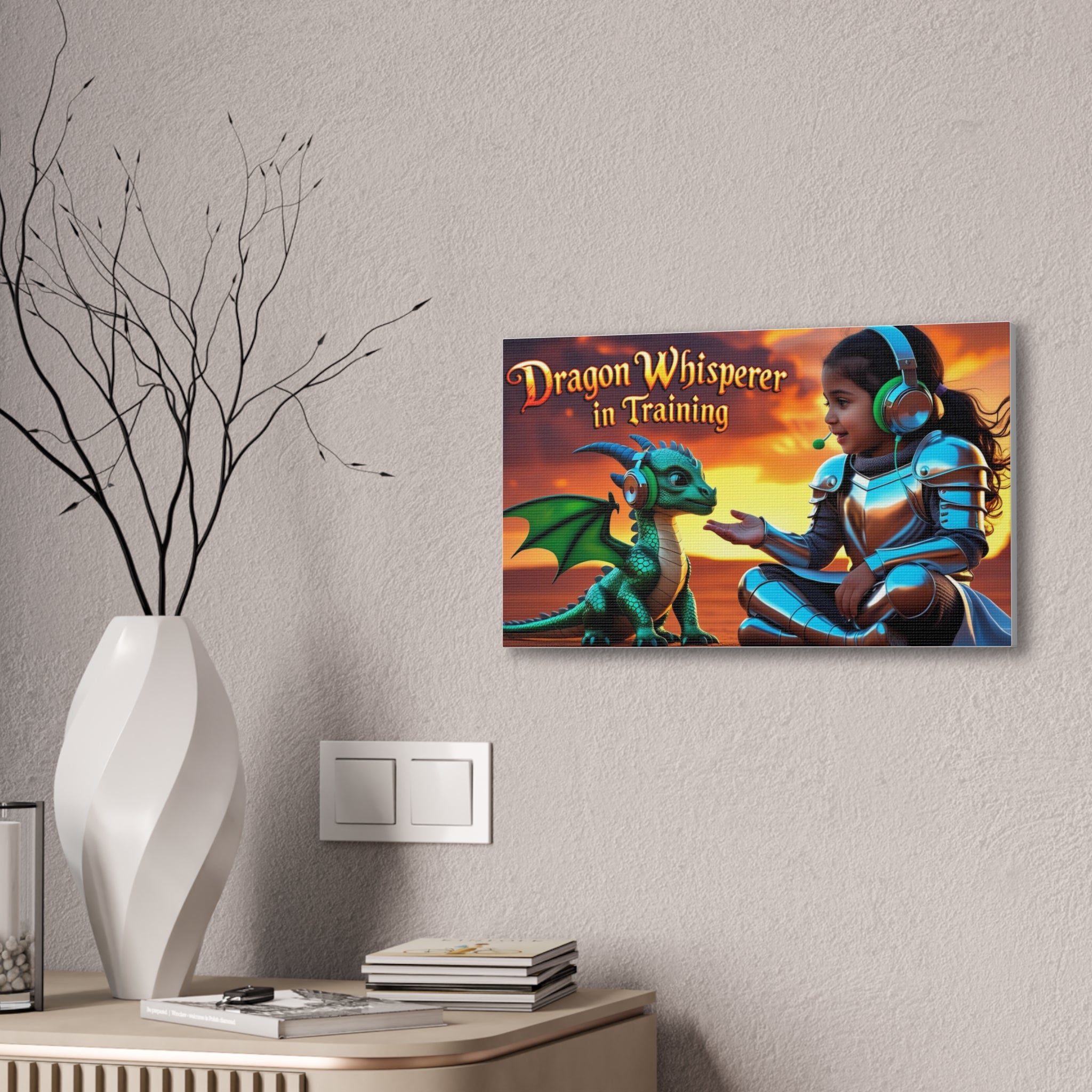 Dragon Whisperer (Girl) Canvas Print, Fantasy Wall Art, Kids Room Decor, Magical Artwork, Gift for Dragon Lovers, Adventure Theme