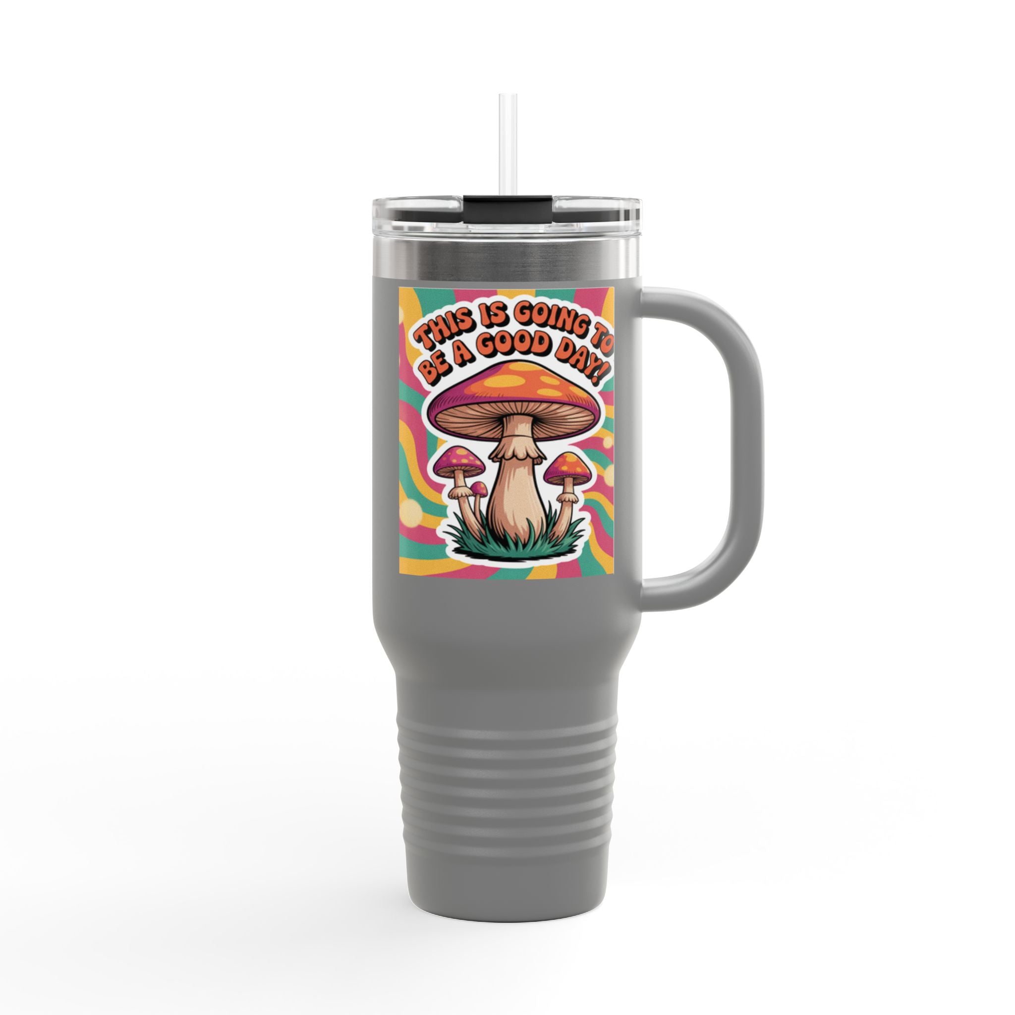 Colorful Happy Mushroom Insulated Travel Mug - Perfect for Adventures, Gifts, Summer Vibes, Camping, Road Trips, Daily Motivation