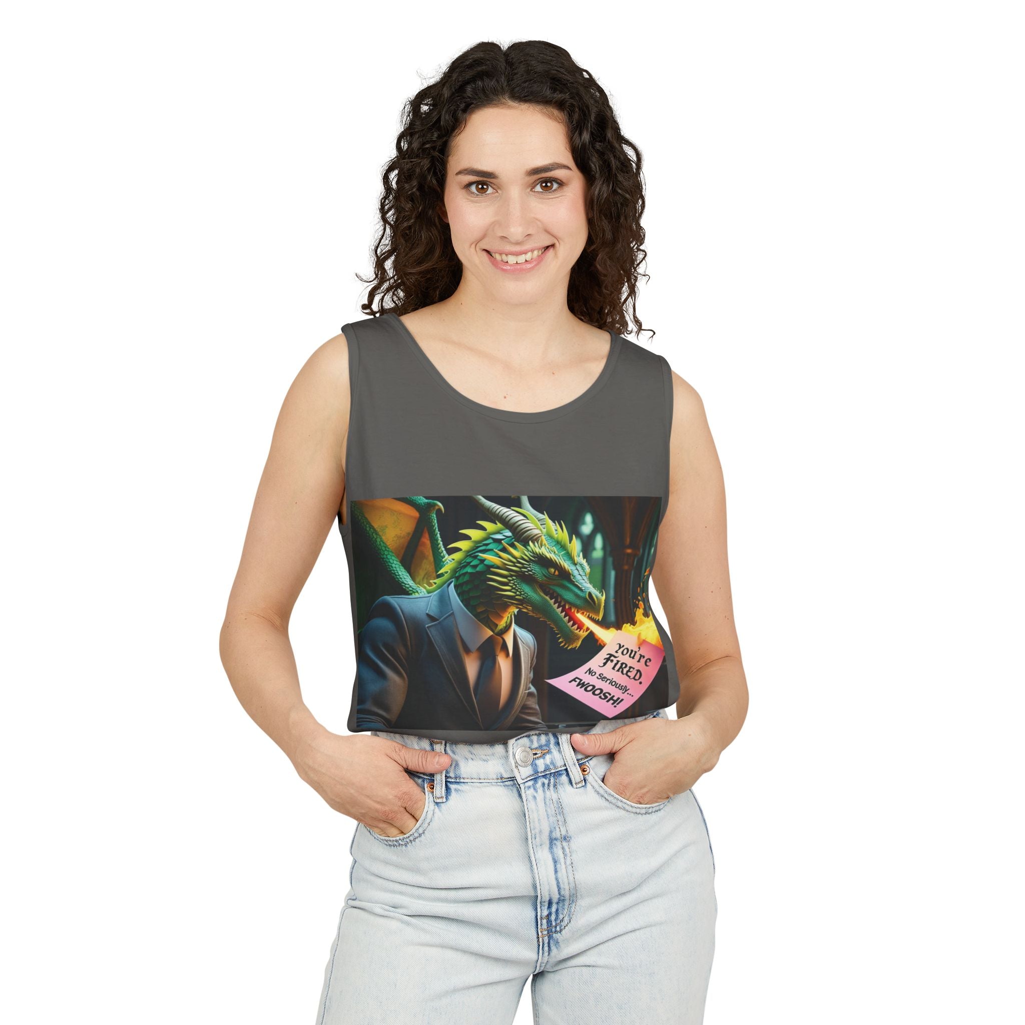 Funny "You're Fired!" Dragon Art Unisex Tank Top, Soft Fabric, Summer Essential, Perfect for Festivals, Gifts for Fantasy Lovers, Casual Wear