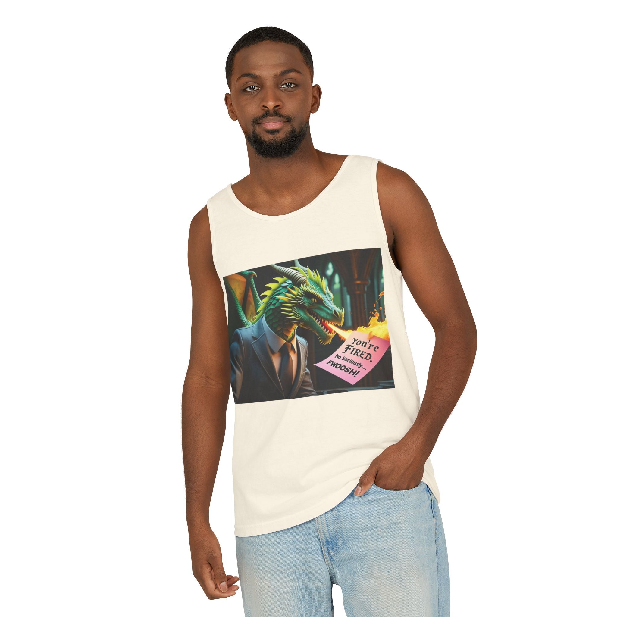Funny "You're Fired!" Dragon Art Unisex Tank Top, Soft Fabric, Summer Essential, Perfect for Festivals, Gifts for Fantasy Lovers, Casual Wear