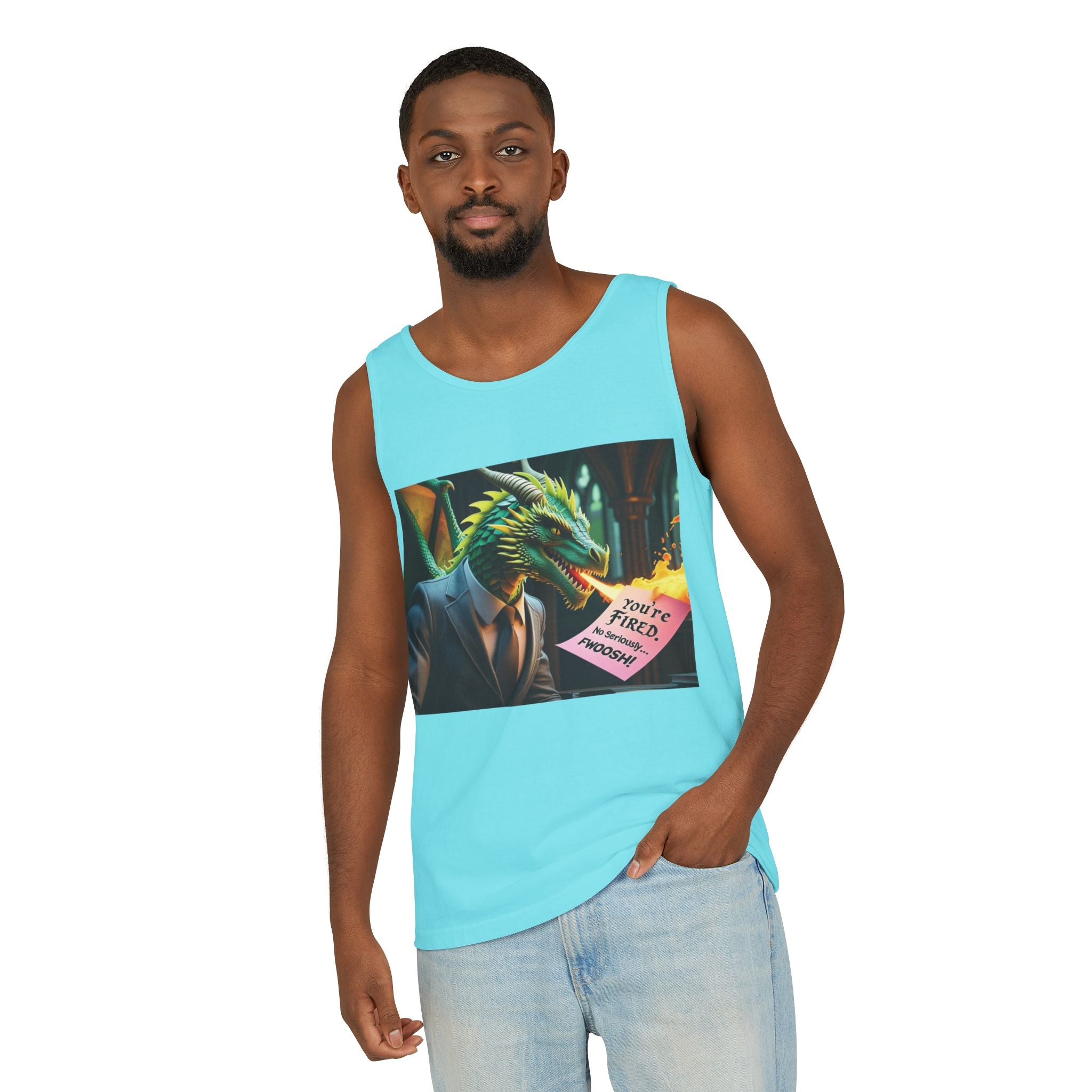 Funny "You're Fired!" Dragon Art Unisex Tank Top, Soft Fabric, Summer Essential, Perfect for Festivals, Gifts for Fantasy Lovers, Casual Wear