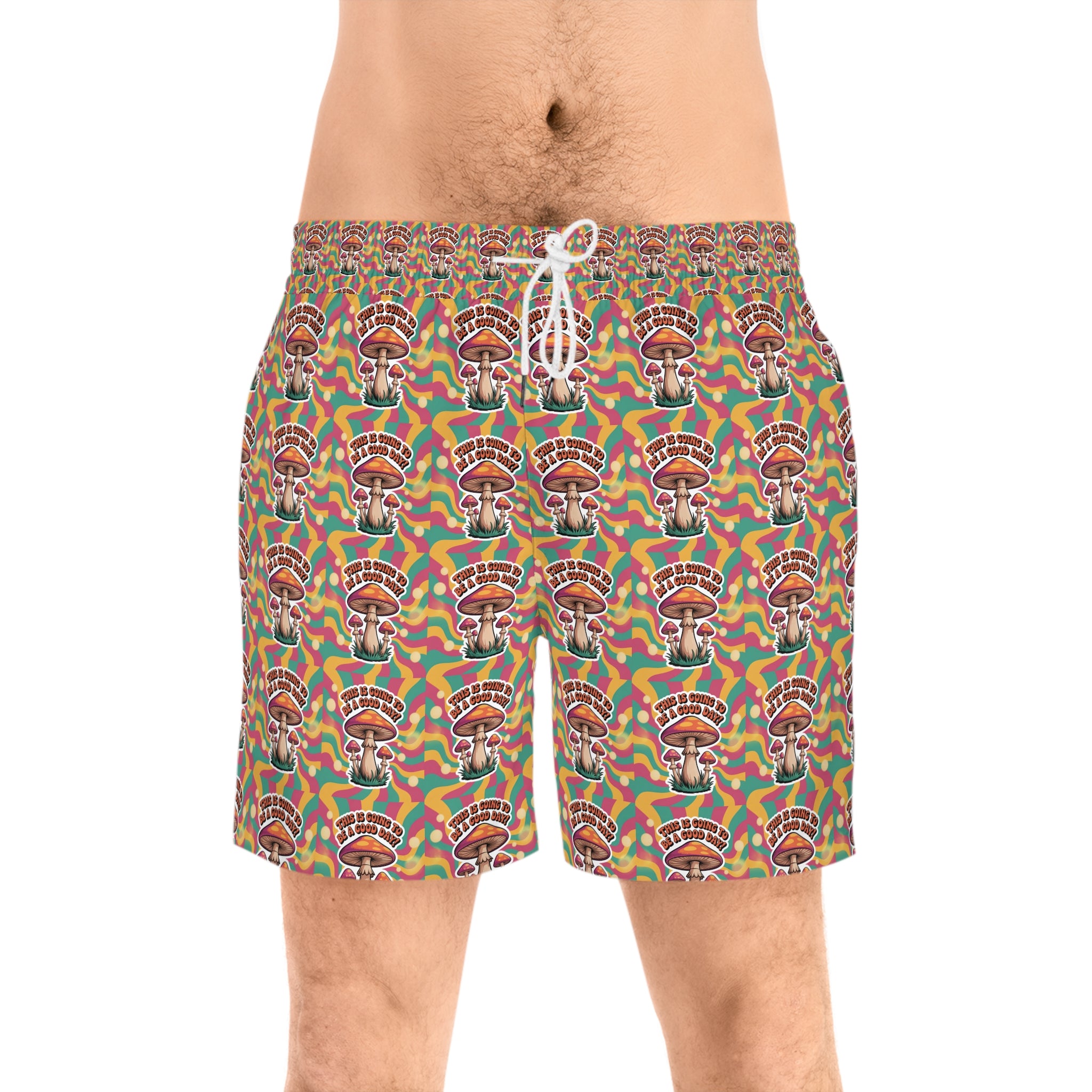 Men's Mid-Length 70's Mushroom Swim Shorts with Colorful Retro Design, Beachwear, Summer Essentials, Men's Fashion, Vacation Swim Trunks