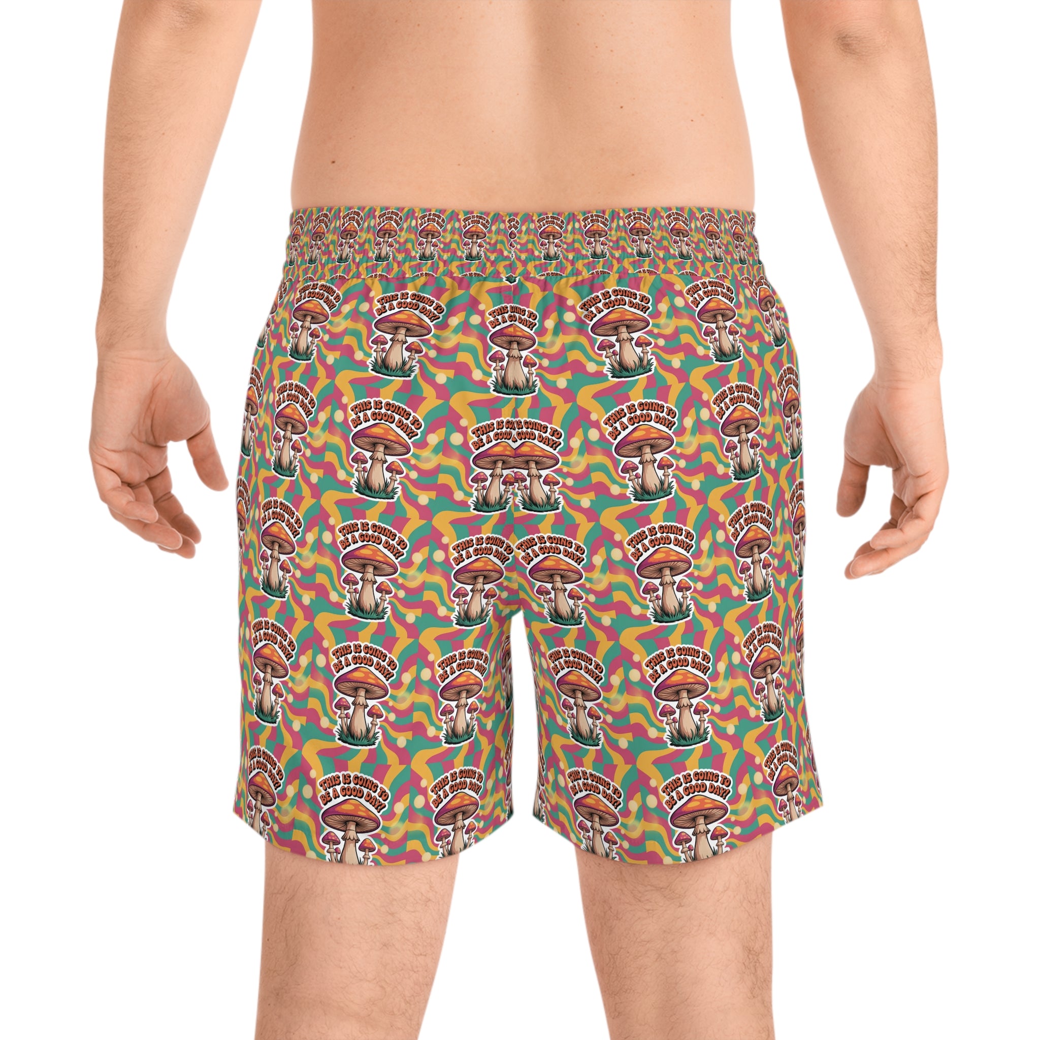 Men's Mid-Length 70's Mushroom Swim Shorts with Colorful Retro Design, Beachwear, Summer Essentials, Men's Fashion, Vacation Swim Trunks