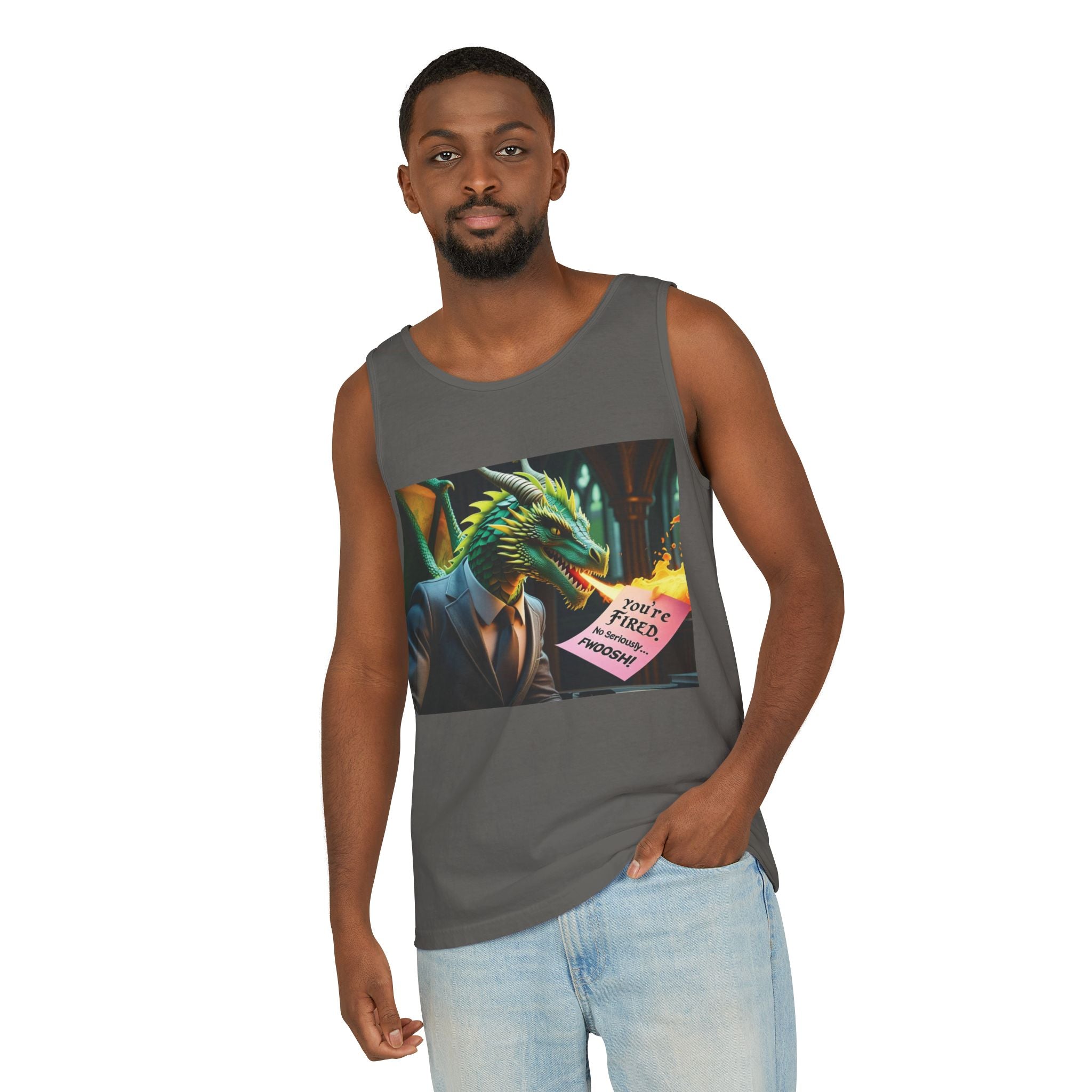 Funny "You're Fired!" Dragon Art Unisex Tank Top, Soft Fabric, Summer Essential, Perfect for Festivals, Gifts for Fantasy Lovers, Casual Wear