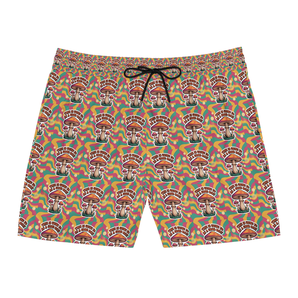 Men's Mid-Length 70's Mushroom Swim Shorts with Colorful Retro Design, Beachwear, Summer Essentials, Men's Fashion, Vacation Swim Trunks