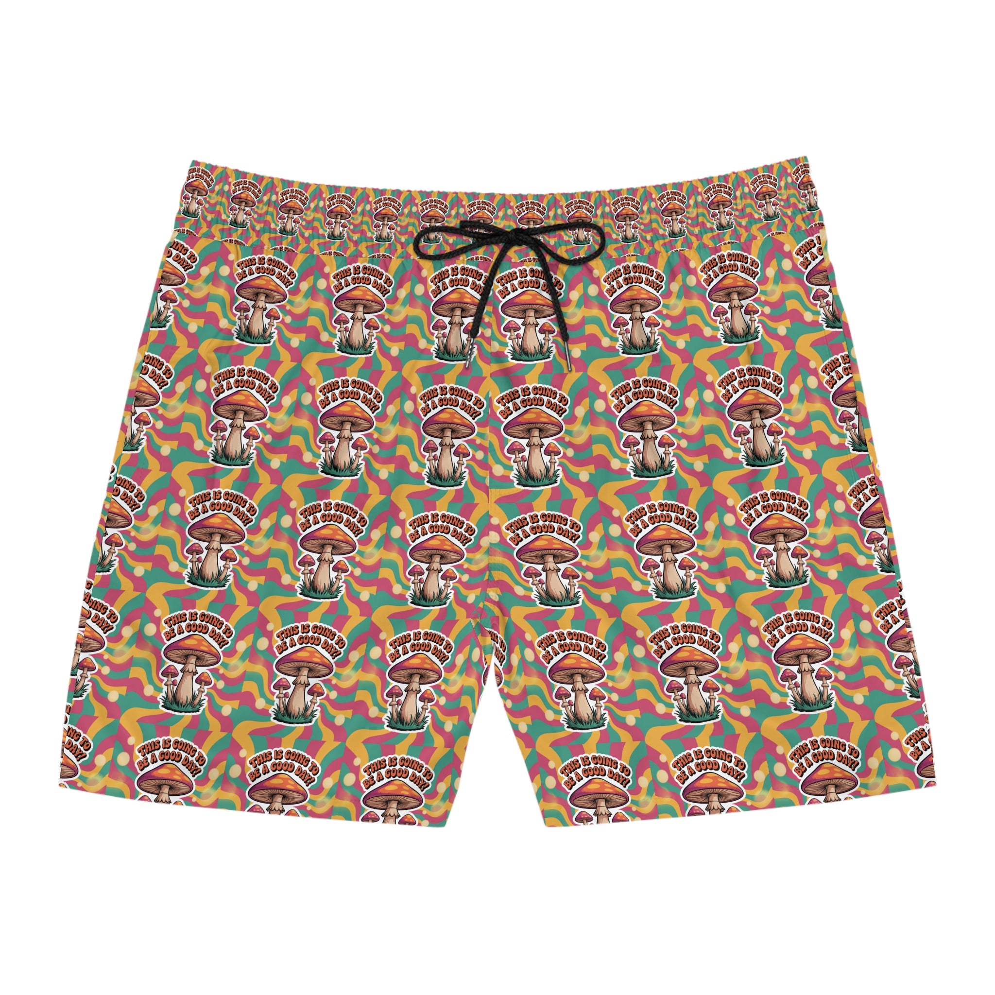 Men's Mid-Length 70's Mushroom Swim Shorts with Colorful Retro Design, Beachwear, Summer Essentials, Men's Fashion, Vacation Swim Trunks
