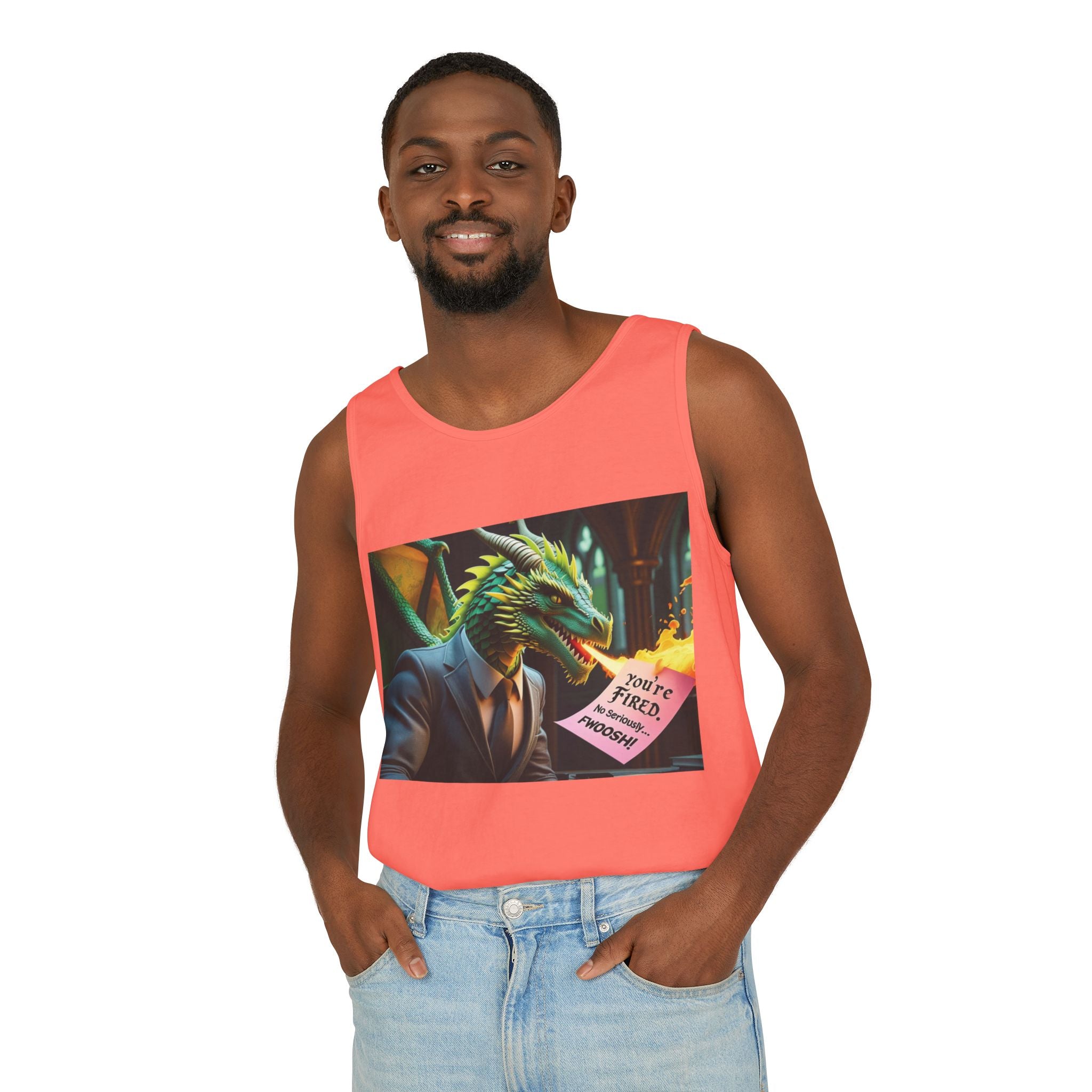 Funny "You're Fired!" Dragon Art Unisex Tank Top, Soft Fabric, Summer Essential, Perfect for Festivals, Gifts for Fantasy Lovers, Casual Wear