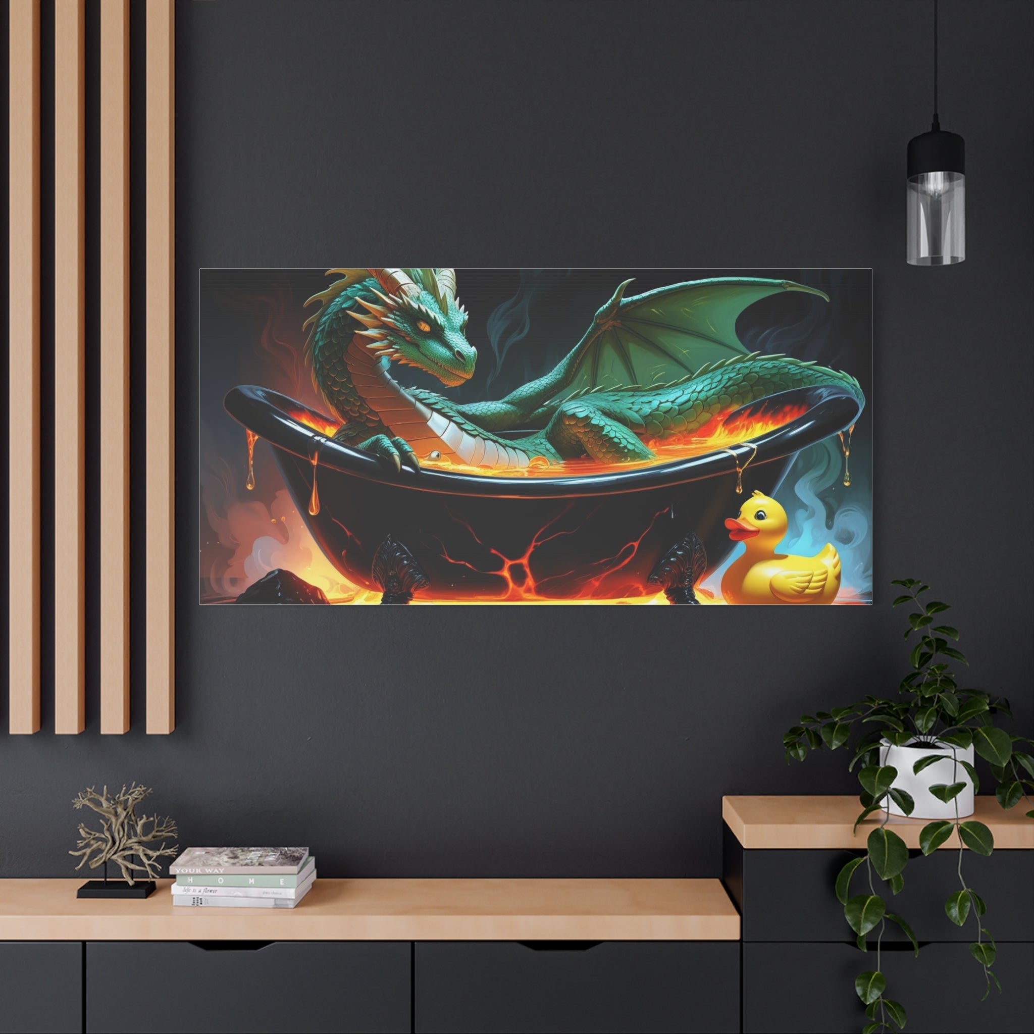 Whimsical Dragon In A Tub  Canvas Wall Art, Fantasy Decor, Kids Room Decor, Unique Gifts for Dragon Lovers, Cute Bathroom Art, Magical Home Decor