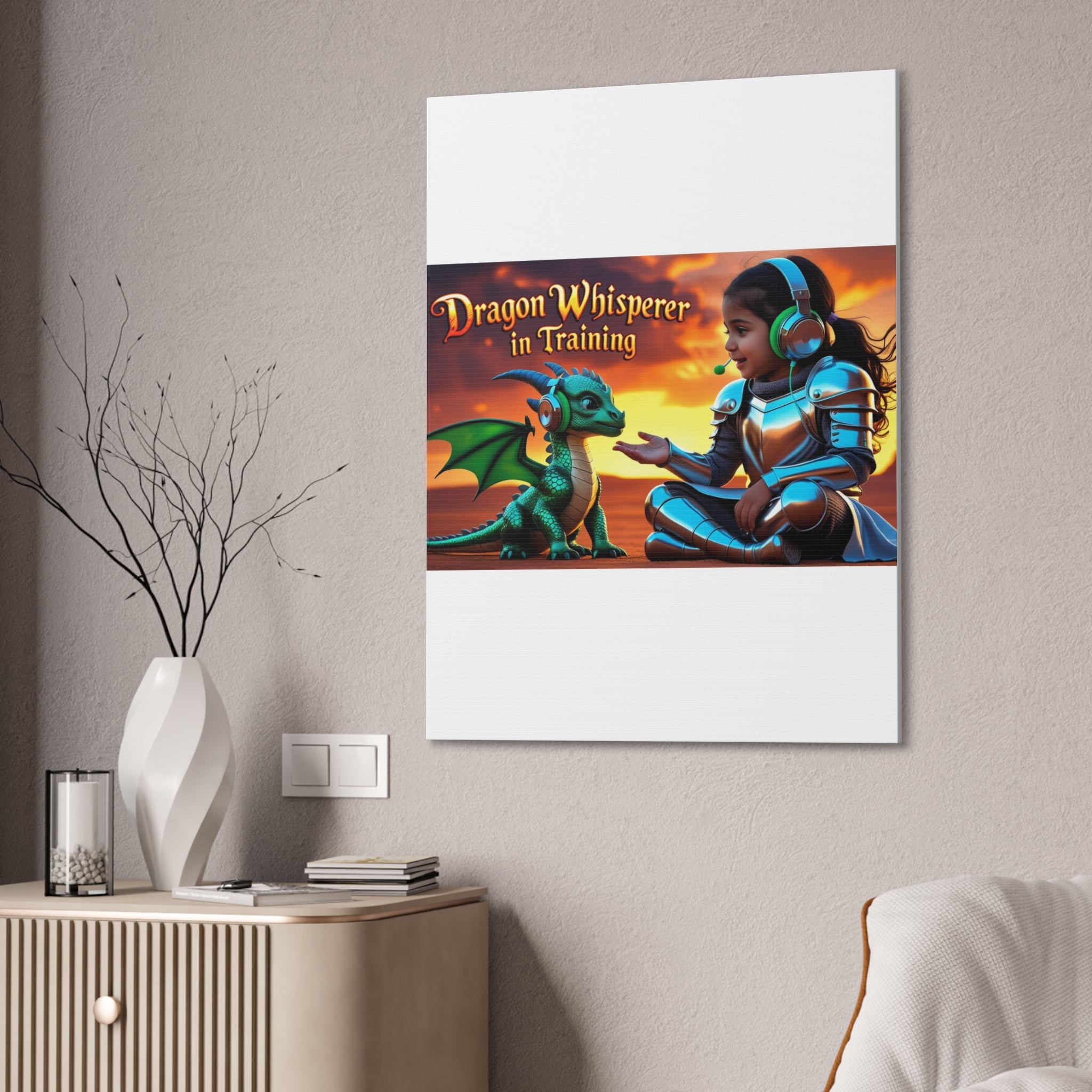 Dragon Whisperer (Girl) Canvas Print, Fantasy Wall Art, Kids Room Decor, Magical Artwork, Gift for Dragon Lovers, Adventure Theme