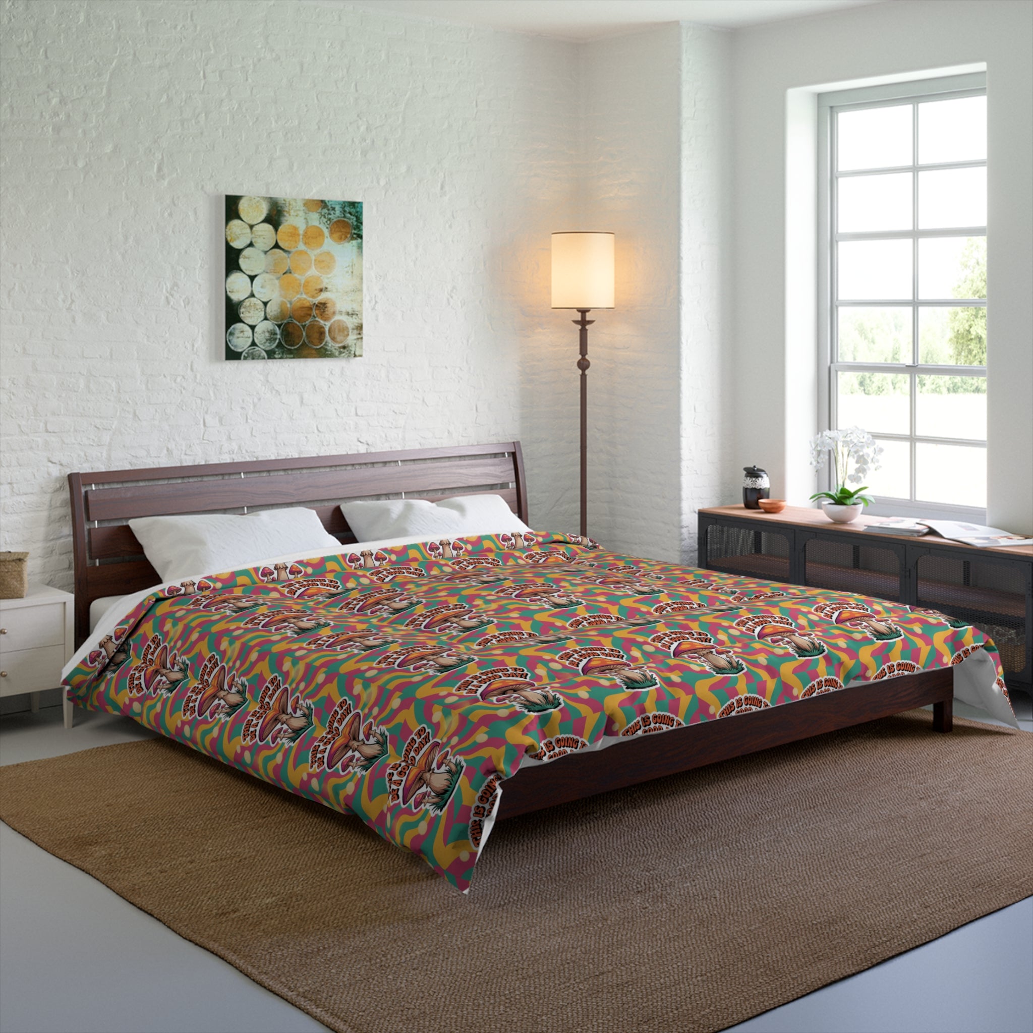 Retro 70s Mushroom Vibrant Boho Comforter, Cozy Bedroom Decor, Colorful Bedding Set, Gift for Home Lovers, Chic Comforter for Every Occasion