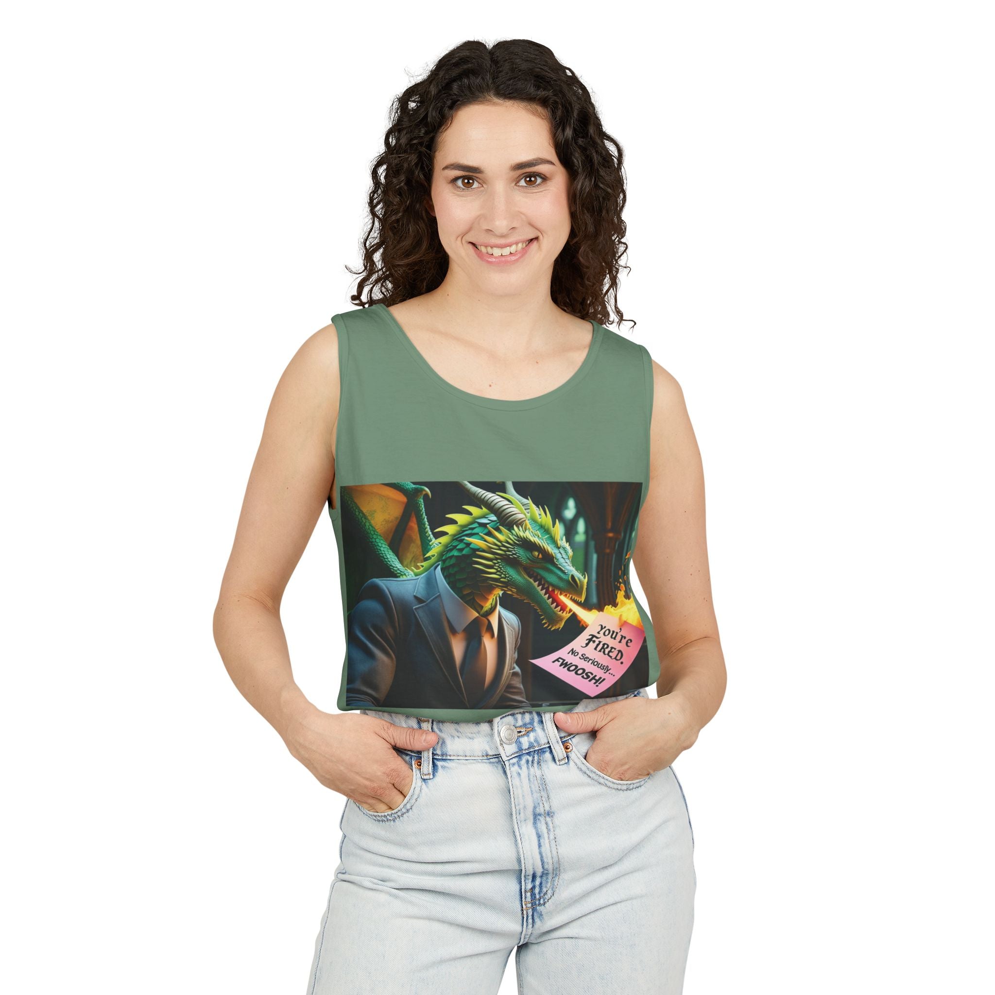Funny "You're Fired!" Dragon Art Unisex Tank Top, Soft Fabric, Summer Essential, Perfect for Festivals, Gifts for Fantasy Lovers, Casual Wear