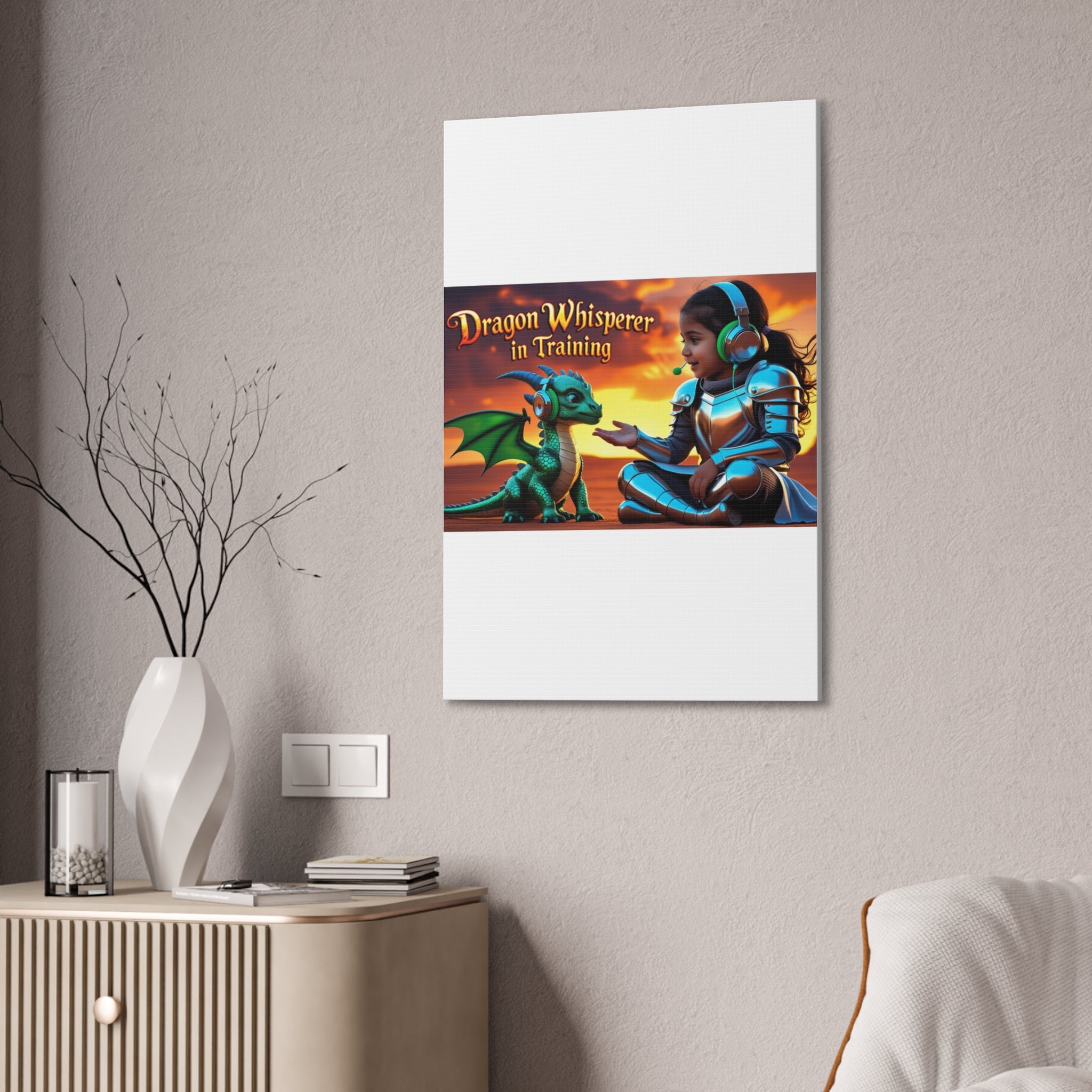 Dragon Whisperer (Girl) Canvas Print, Fantasy Wall Art, Kids Room Decor, Magical Artwork, Gift for Dragon Lovers, Adventure Theme