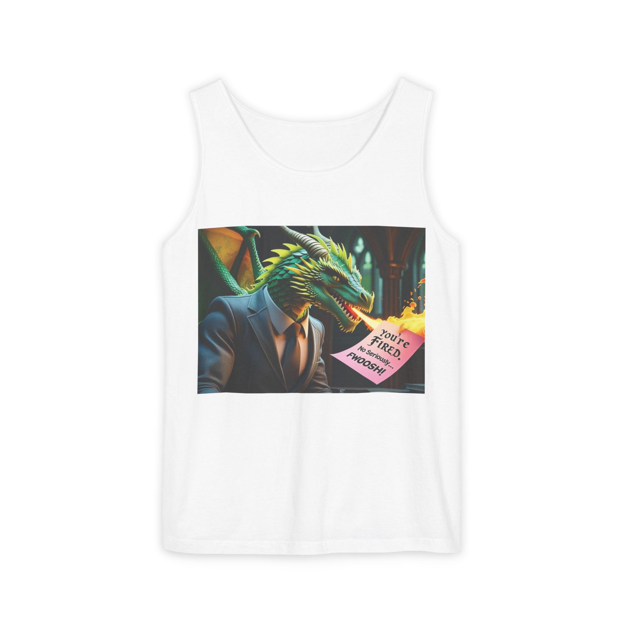 Funny "You're Fired!" Dragon Art Unisex Tank Top, Soft Fabric, Summer Essential, Perfect for Festivals, Gifts for Fantasy Lovers, Casual Wear