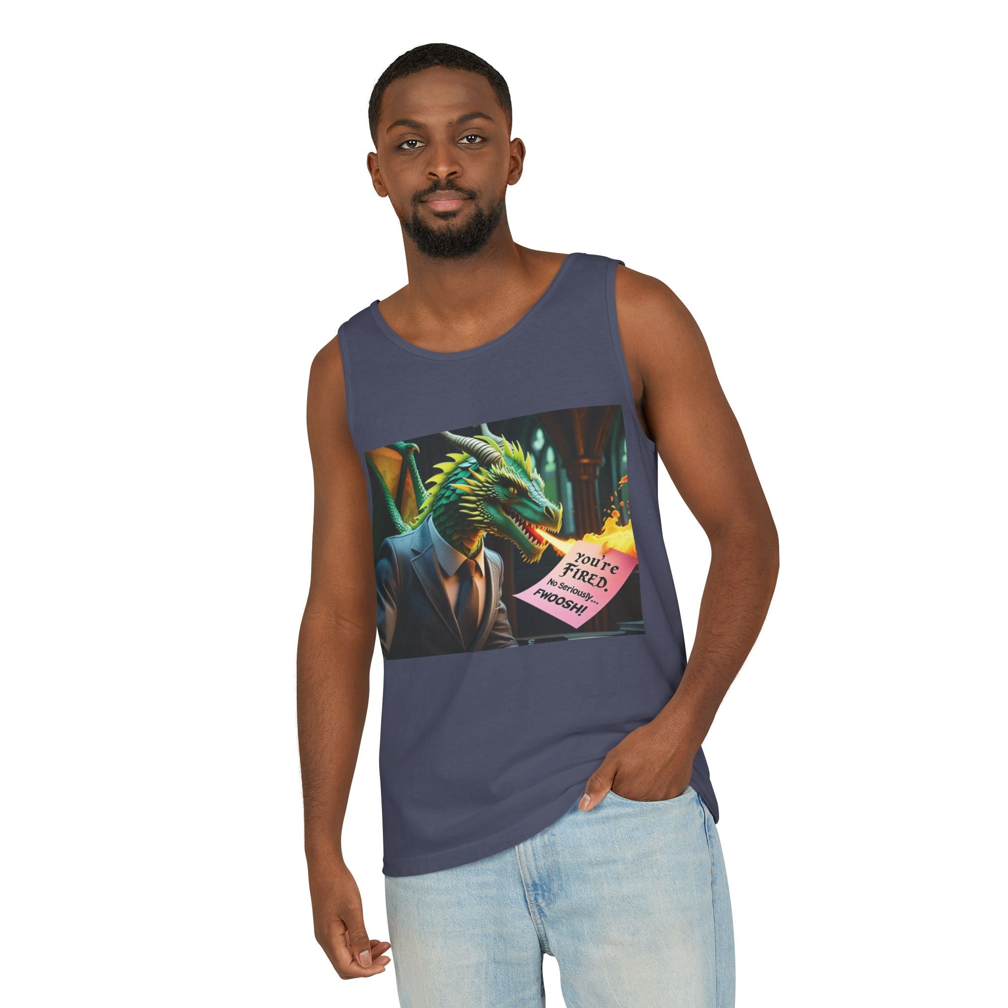 Funny "You're Fired!" Dragon Art Unisex Tank Top, Soft Fabric, Summer Essential, Perfect for Festivals, Gifts for Fantasy Lovers, Casual Wear
