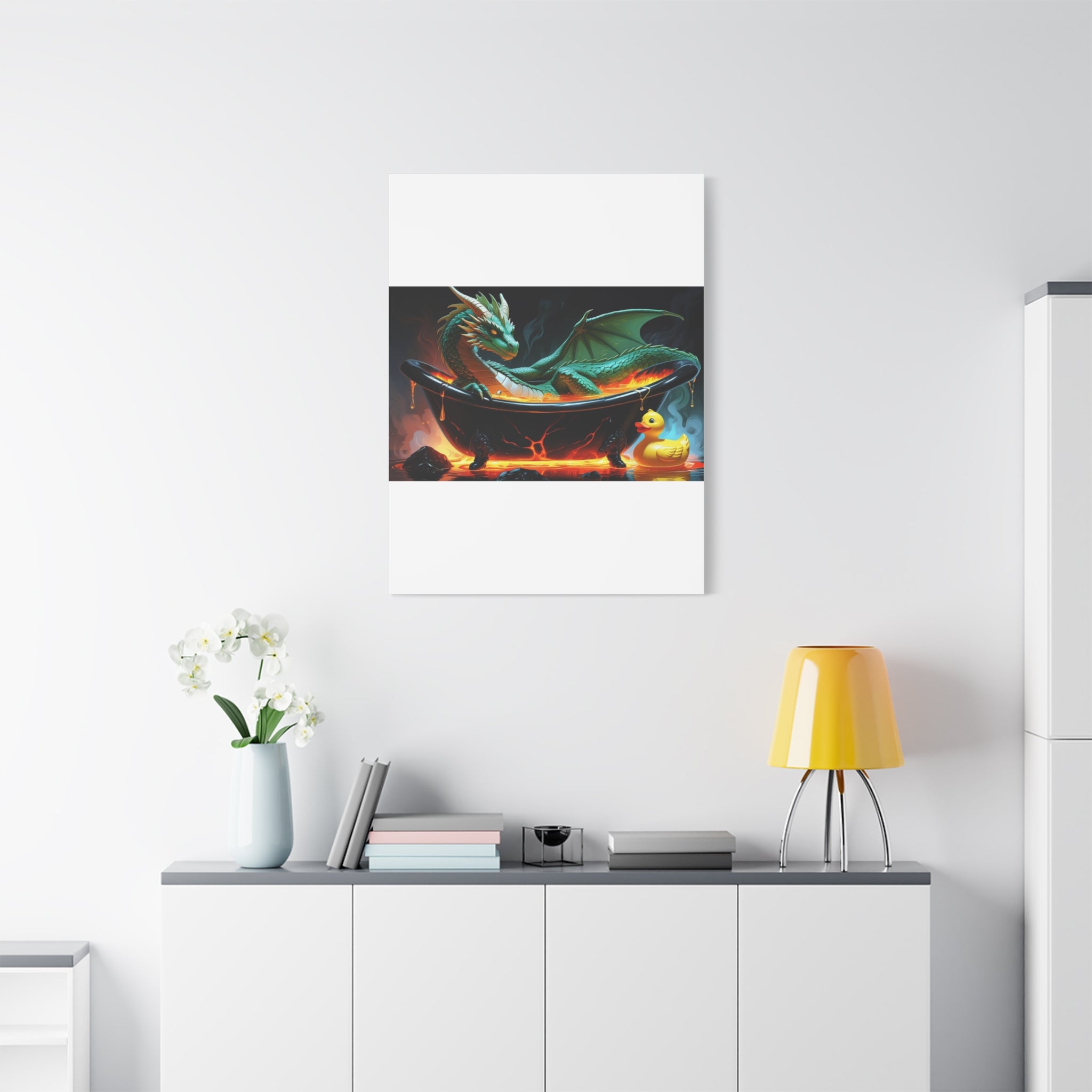 Whimsical Dragon In A Tub  Canvas Wall Art, Fantasy Decor, Kids Room Decor, Unique Gifts for Dragon Lovers, Cute Bathroom Art, Magical Home Decor