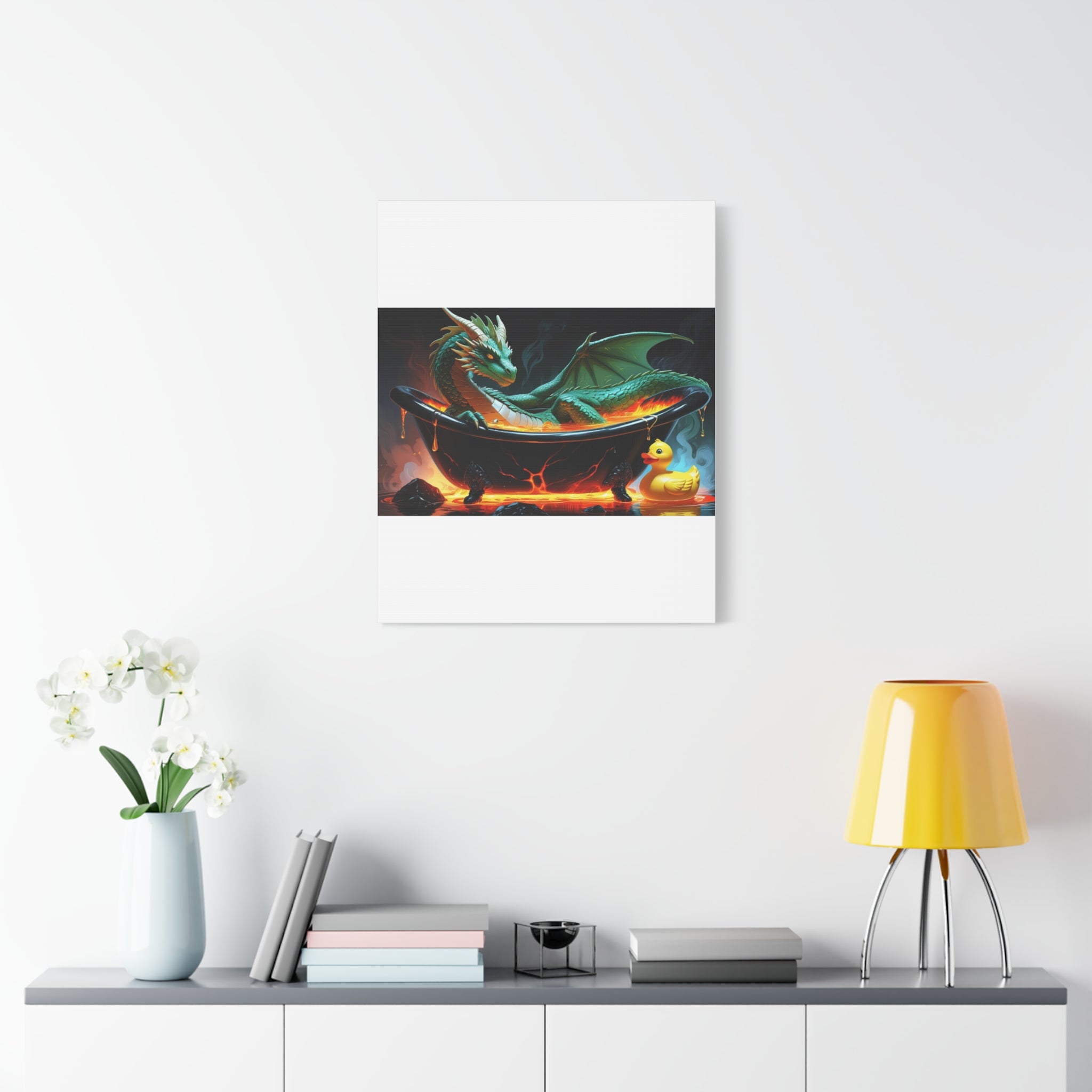 Whimsical Dragon In A Tub  Canvas Wall Art, Fantasy Decor, Kids Room Decor, Unique Gifts for Dragon Lovers, Cute Bathroom Art, Magical Home Decor