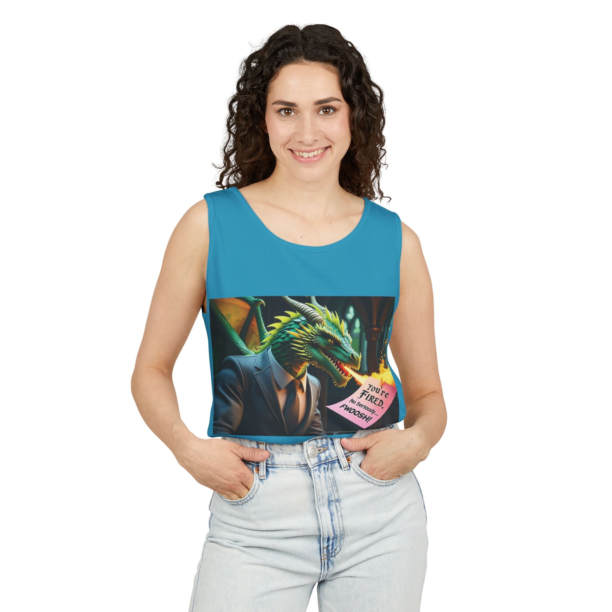 Funny "You're Fired!" Dragon Art Unisex Tank Top, Soft Fabric, Summer Essential, Perfect for Festivals, Gifts for Fantasy Lovers, Casual Wear