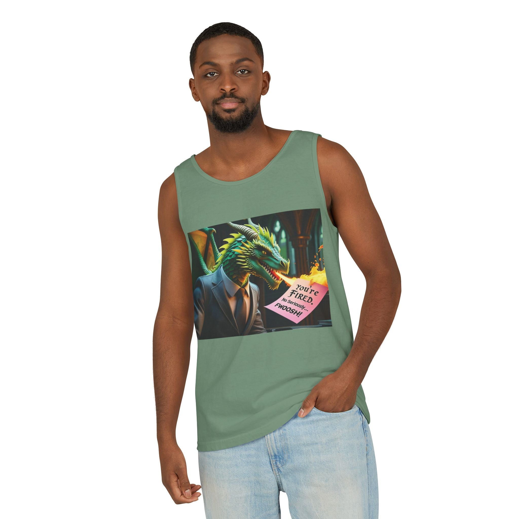 Funny "You're Fired!" Dragon Art Unisex Tank Top, Soft Fabric, Summer Essential, Perfect for Festivals, Gifts for Fantasy Lovers, Casual Wear