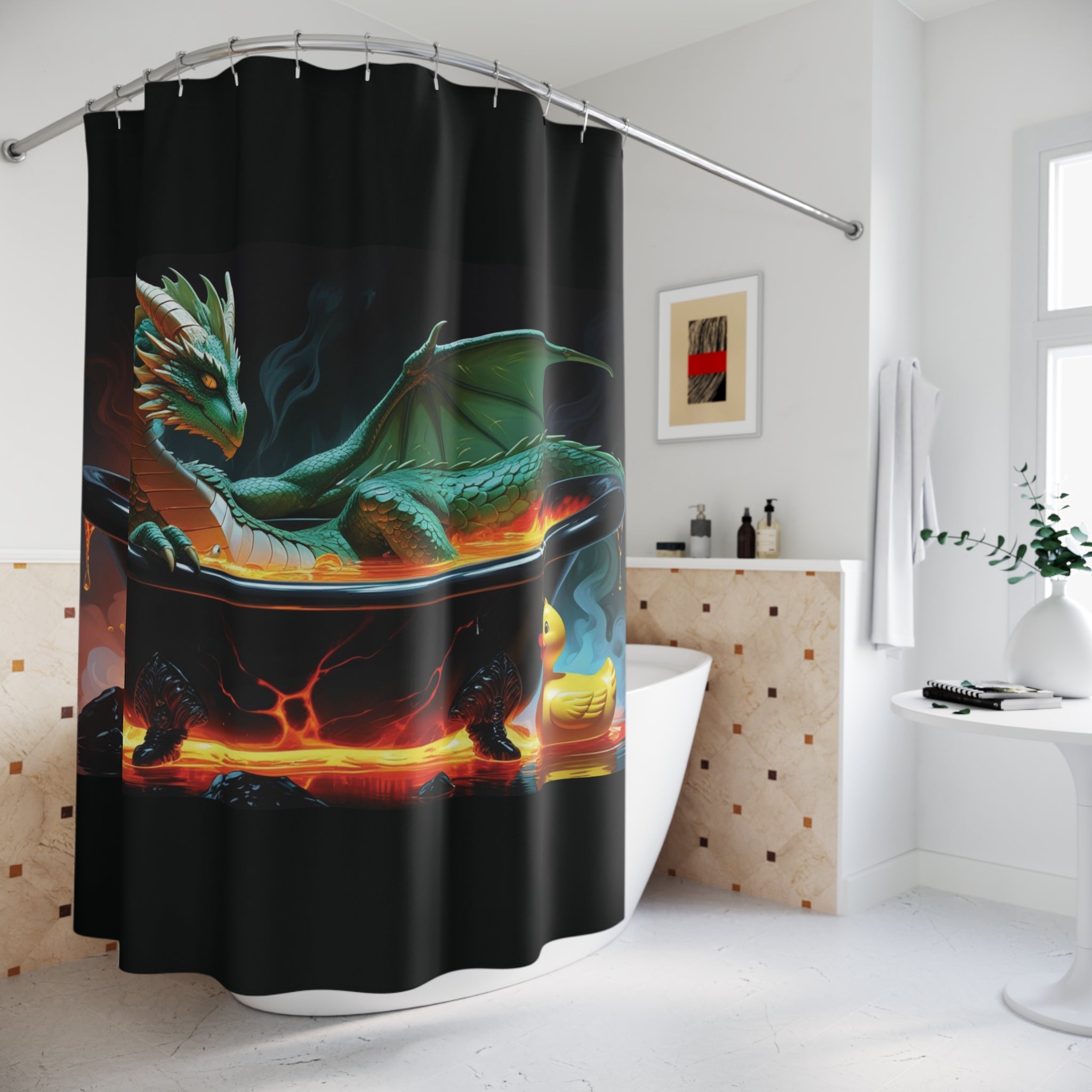 Fun Fantasy Dragon In Tub With Rubber Ducky Shower Curtain, Magical Bathroom Decor, Gift for Fantasy Lovers, Unique Home Accent, Dragon Art