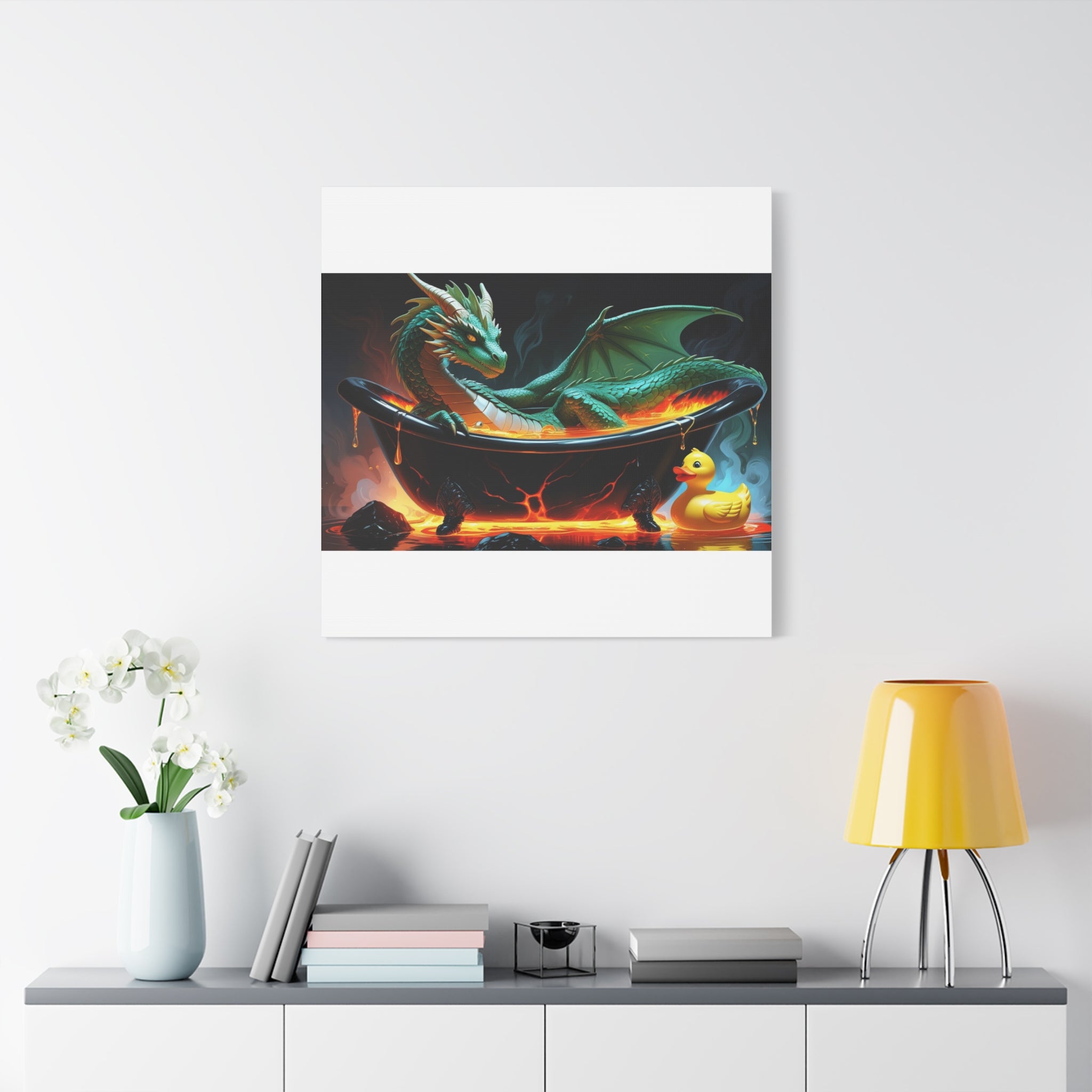 Whimsical Dragon In A Tub  Canvas Wall Art, Fantasy Decor, Kids Room Decor, Unique Gifts for Dragon Lovers, Cute Bathroom Art, Magical Home Decor