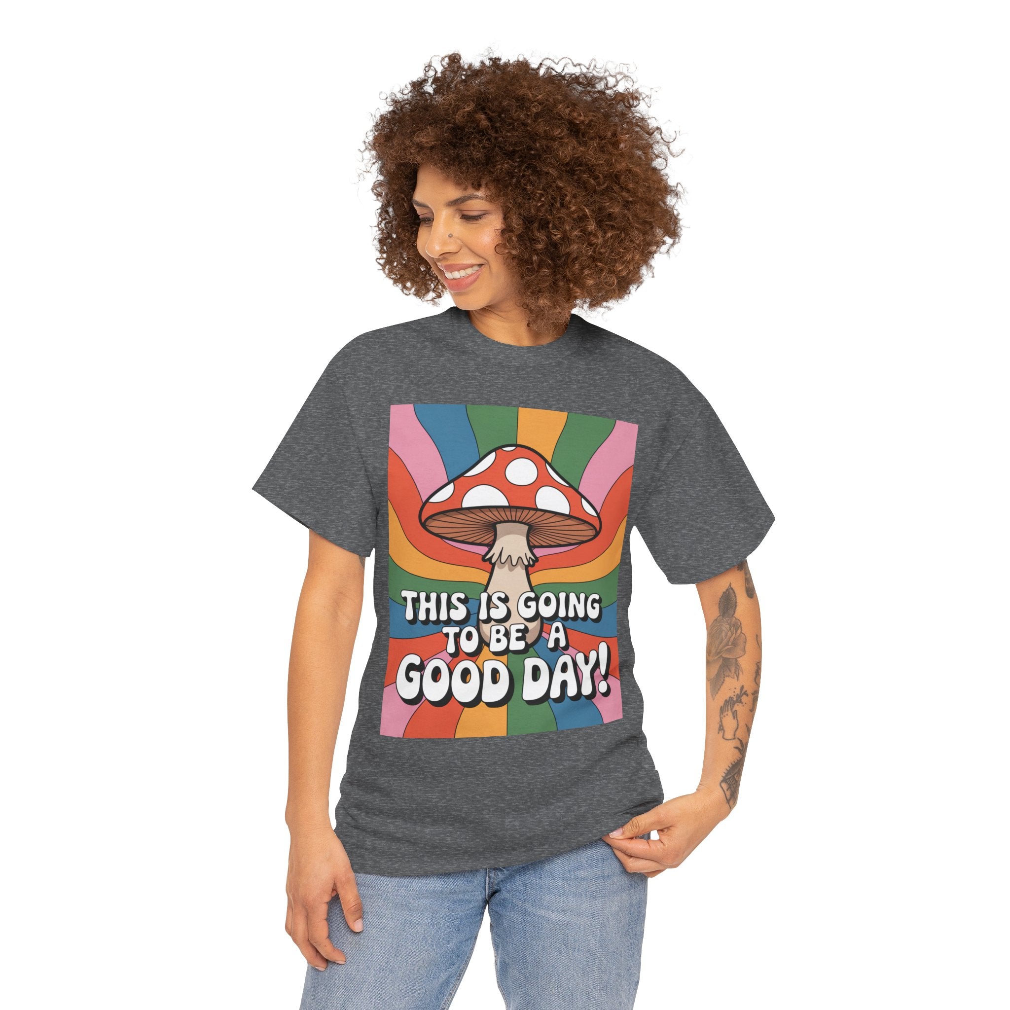 Fun Hippy Mushroom Cheerful Graphic Tee, Positive Vibes T-Shirt for Everyday Wear, Gift for Nature Lovers, Trendy Casual Wear, Eco-Friendly Fashion