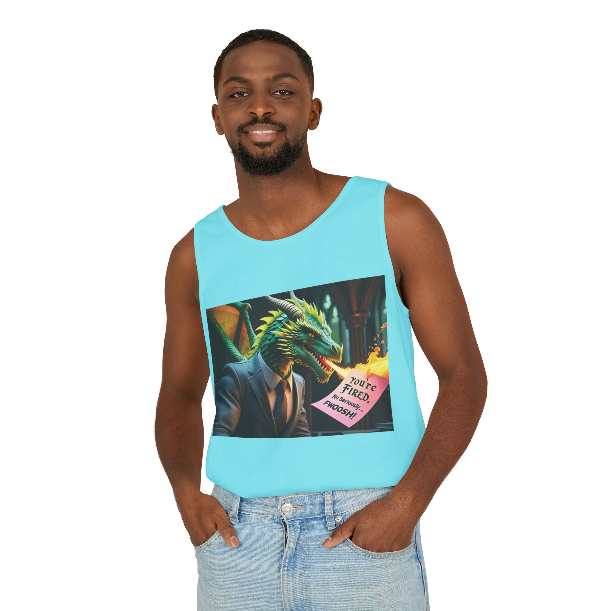 Funny "You're Fired!" Dragon Art Unisex Tank Top, Soft Fabric, Summer Essential, Perfect for Festivals, Gifts for Fantasy Lovers, Casual Wear