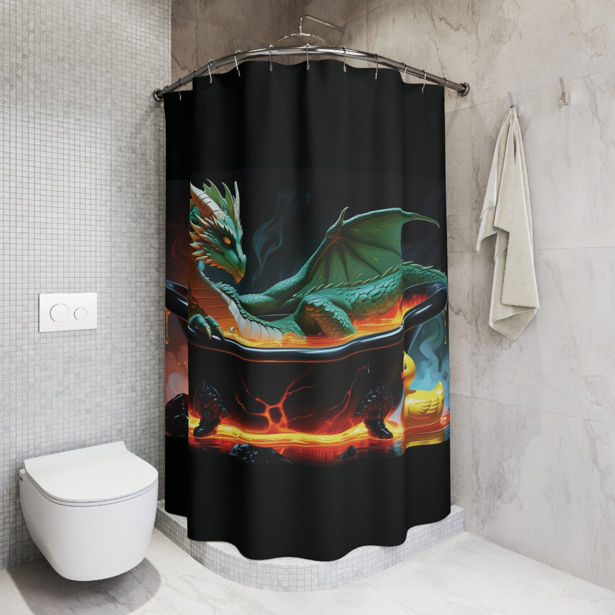 Fun Fantasy Dragon In Tub With Rubber Ducky Shower Curtain, Magical Bathroom Decor, Gift for Fantasy Lovers, Unique Home Accent, Dragon Art