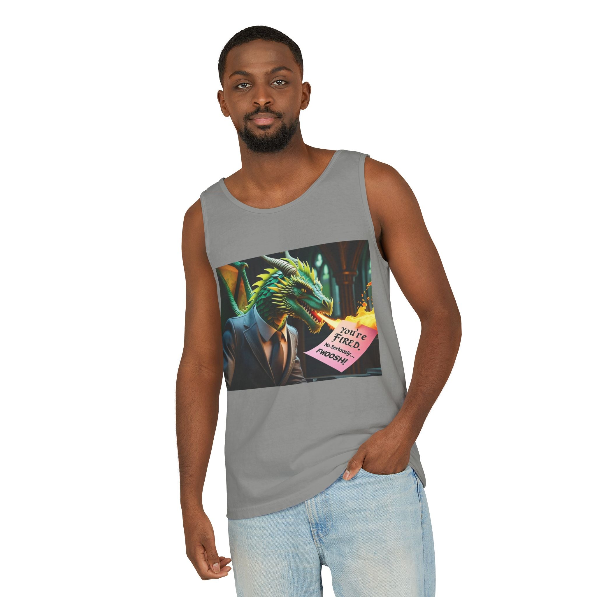 Funny "You're Fired!" Dragon Art Unisex Tank Top, Soft Fabric, Summer Essential, Perfect for Festivals, Gifts for Fantasy Lovers, Casual Wear