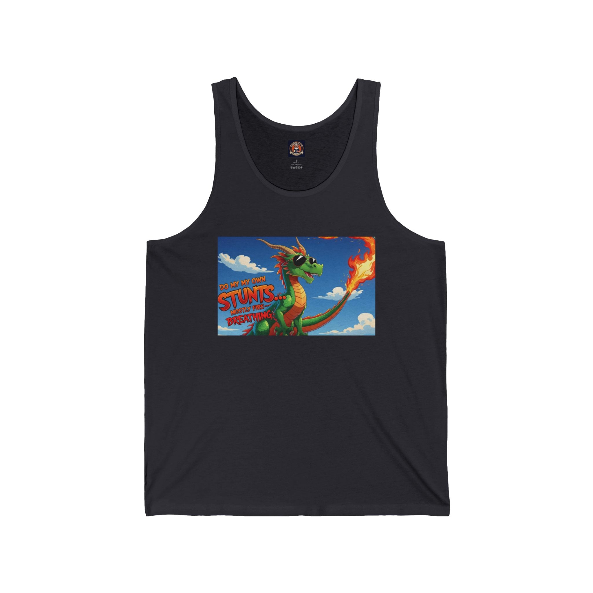 Fun Loving Unisex Jersey Tank featuring Colorful Dragon Design, Summer Apparel, Unique Gift, Fantasy Fanwear, Comfortable Everyday Wear